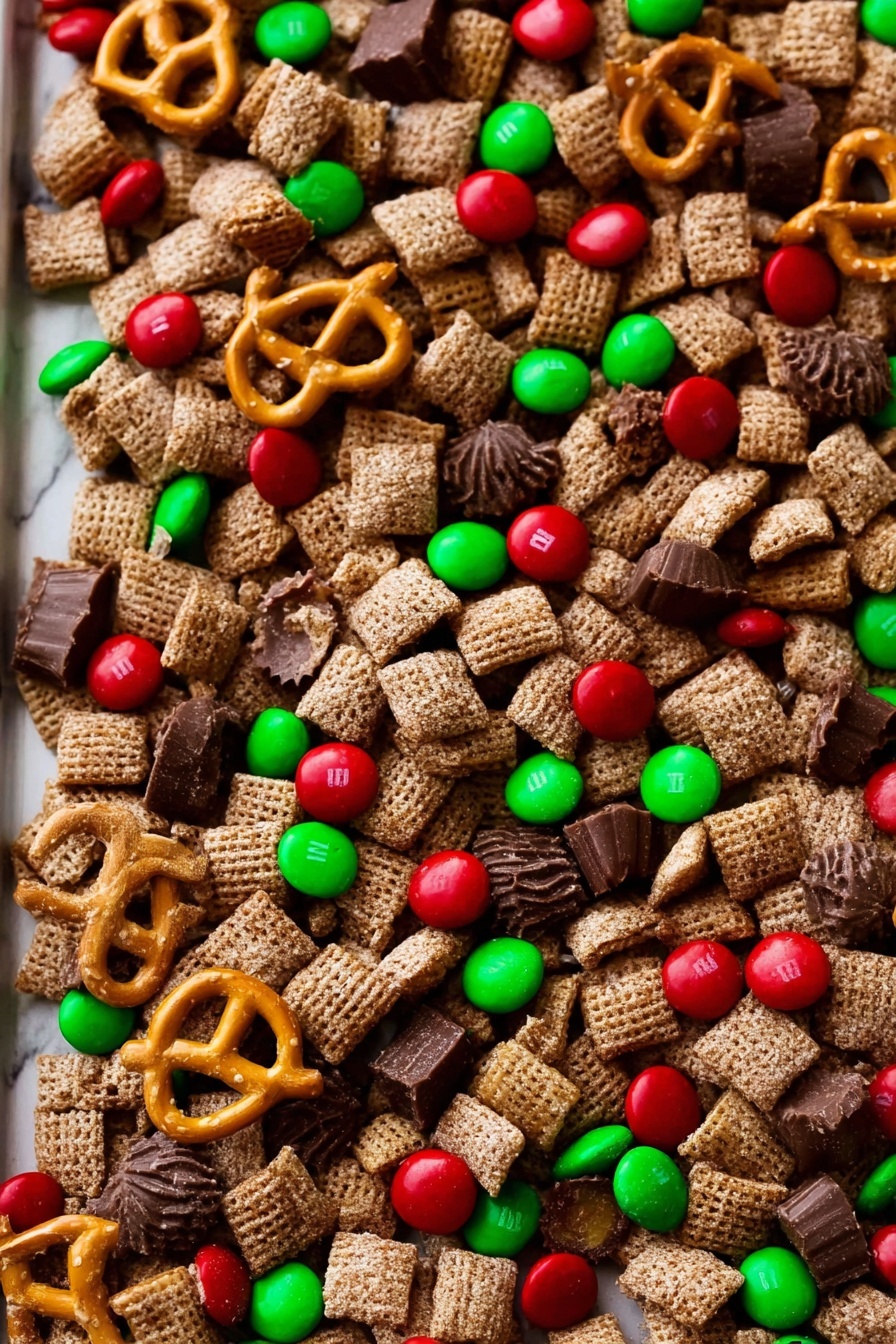 The image shows a close-up of a tray filled with a mix of different snacks. The base layer is made of small, square cereal pieces coated in a light brown powder. Scattered on top are bright red and green candy-coated chocolates, adding vivid pops of color. Interspersed among these are golden-brown pretzels with a shiny surface and small chocolate peanut butter cups with a smooth, dark brown top. The snacks cover the whole tray, creating a textured and colorful mix on a white marbled background. Photo taken with an iphone --ar 2:3 --v 7 - Chocolate Peanut Butter Reindeer Chow, holiday snack mix, festive chocolate snack, quick holiday treat, crunchy holiday cookies