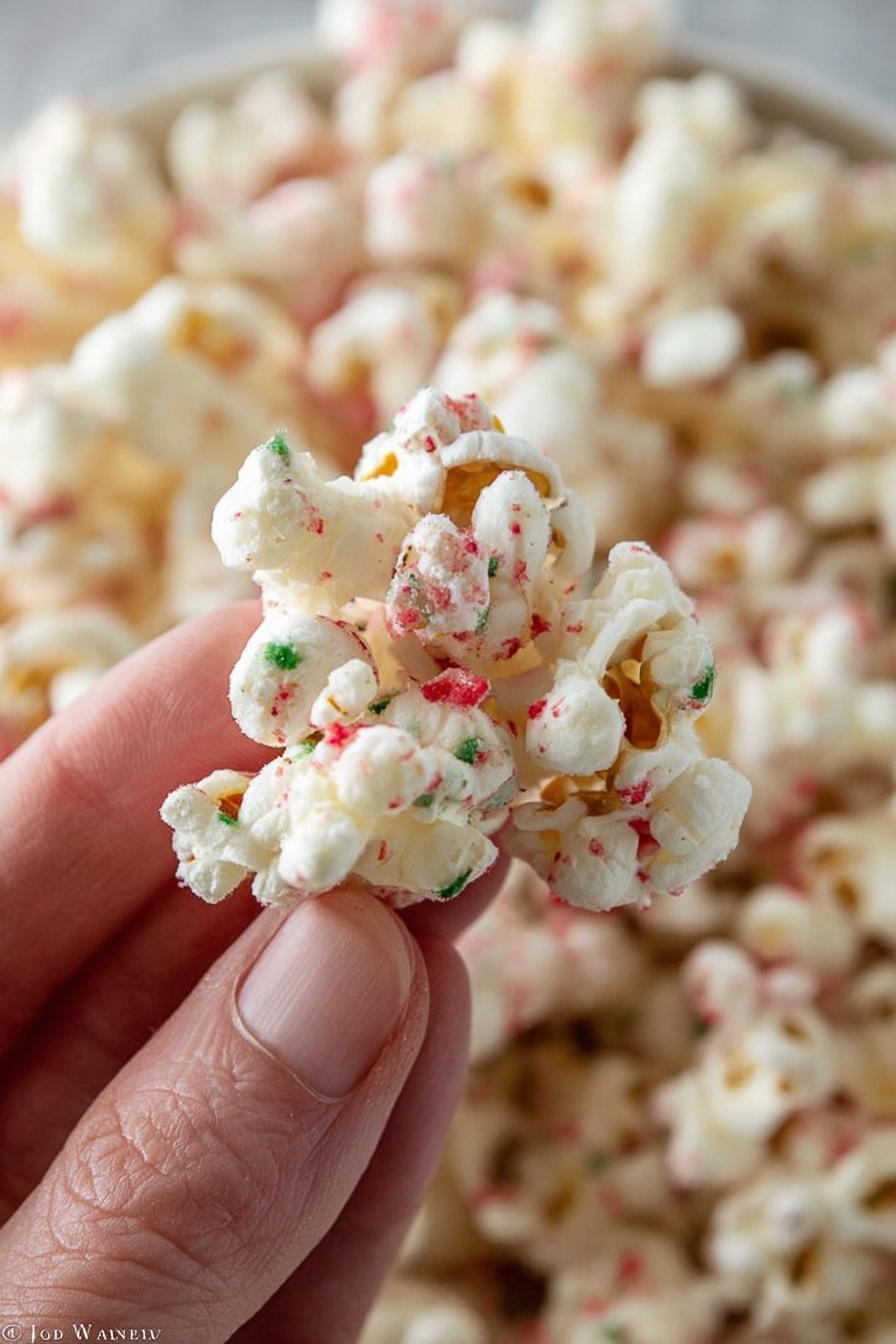 A close-up image of a small cluster of white popcorn mixed with tiny red and green specks, held between the fingers of a person's hand. The popcorn looks light and fluffy with a slight sugary coating that holds the cluster together. In the background, more of the same popcorn mixture is blurred, filling the frame and creating a textured, soft look. The photo shows fine details of the popcorn's surface and the small colored sprinkles. photo taken with an iphone --ar 2:3 --v 7 - Peppermint White Chocolate Popcorn, peppermint popcorn recipe, holiday popcorn snacks, festive popcorn treat, easy peppermint popcorn