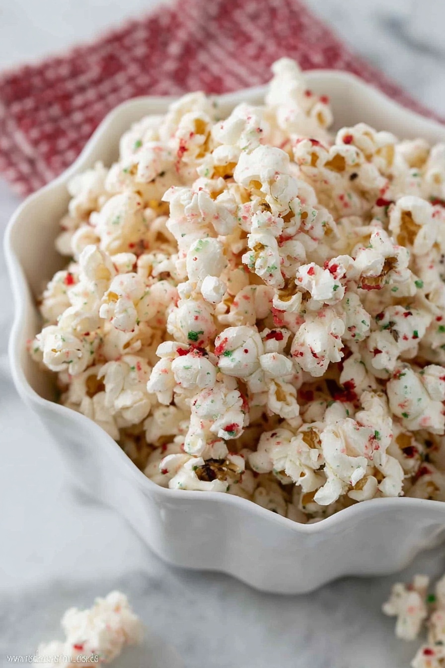 A close-up view of a white bowl with ruffled edges filled with white popcorn that has small red and green specks spread evenly across it, giving it a festive look. The popcorn pieces are puffy and irregular in shape, showing some golden brown spots where they popped. The bowl is placed on a white marbled surface with a hint of a red and white textured cloth underneath it. Photo taken with an iphone --ar 2:3 --v 7 - Peppermint White Chocolate Popcorn, peppermint popcorn recipe, holiday popcorn snacks, festive popcorn treat, easy peppermint popcorn