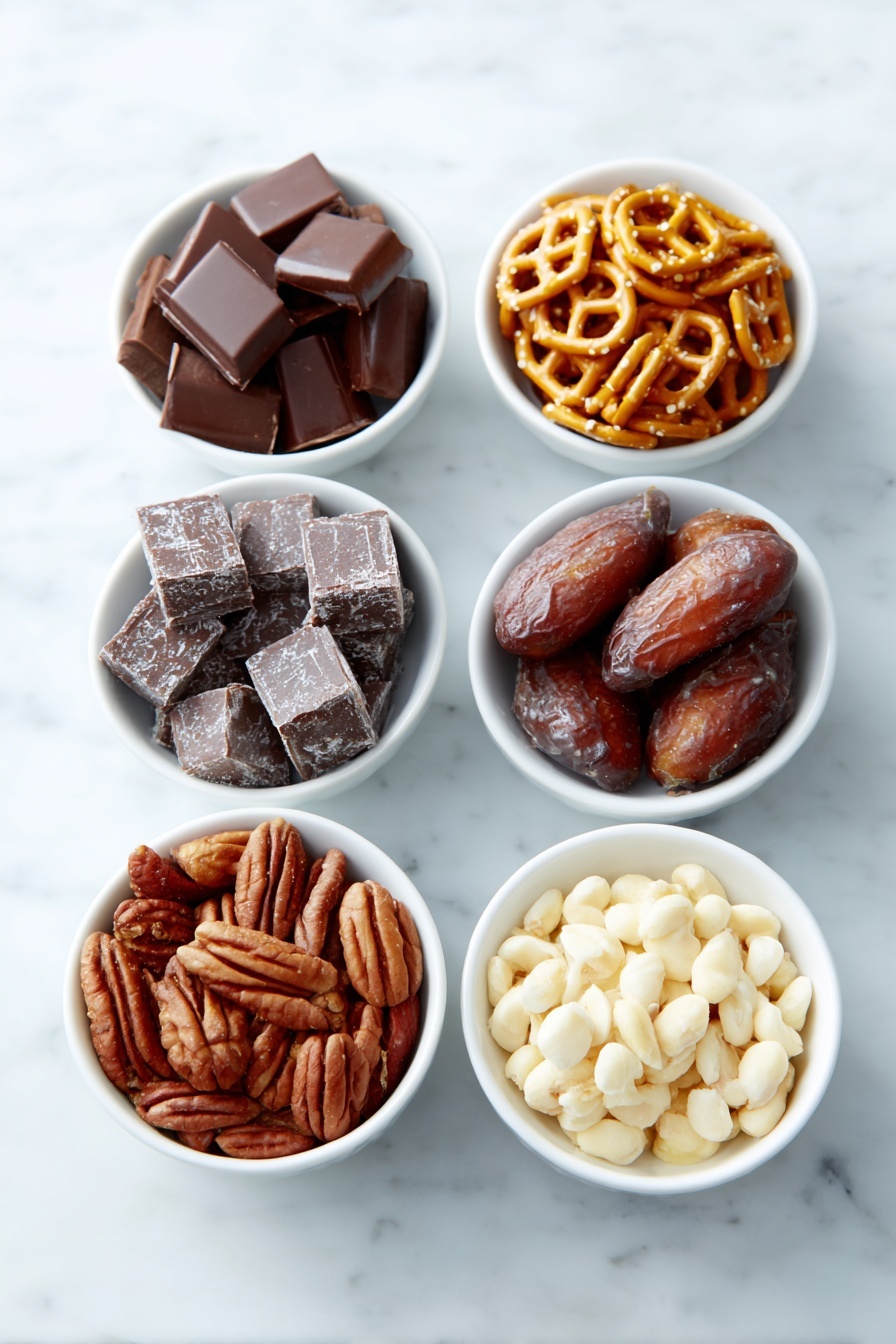 Flat lay of square golden-brown pretzel snaps, smooth shiny Rolo chocolates, glossy pecan halves arranged neatly, each ingredient fresh and natural in simple white ceramic bowls, perfect balanced layout with symmetry placed on a clean white marble surface, soft natural light, photo taken with an iPhone, professional food photography style, fresh ingredients, white ceramic bowls, no bottles, no duplicates, no utensils, no packaging --ar 2:3 --v 7 --p m7354615311229779997 - Easy Pretzel Rolo Turtles, salty sweet snack, quick dessert ideas, pretzel caramel candies, easy party treats