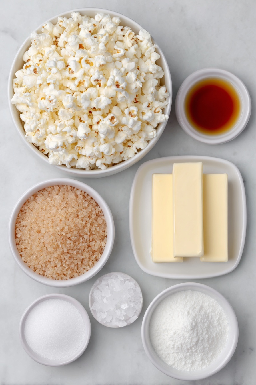 Flat lay of a large white ceramic bowl filled with fluffy air-popped popcorn, a small white bowl of packed light brown sugar with visible moist texture, a small white bowl holding smooth light corn syrup, a few rectangular slabs of unsalted butter with a creamy yellow color stacked neatly, a pinch of fine salt crystals on a tiny white bowl, a small white bowl with white cream of tartar powder, and a small white bowl containing fine white baking soda powder, perfectly arranged in balanced symmetry, placed on a clean white marble surface, soft natural light, photo taken with an iPhone, professional food photography style, fresh ingredients, white ceramic bowls, no bottles, no duplicates, no utensils, no packaging --ar 2:3 --v 7 --p m7354615311229779997 - Homemade Caramel Popcorn, caramel popcorn recipe, crunchy caramel popcorn, easy homemade popcorn, sweet buttery snack