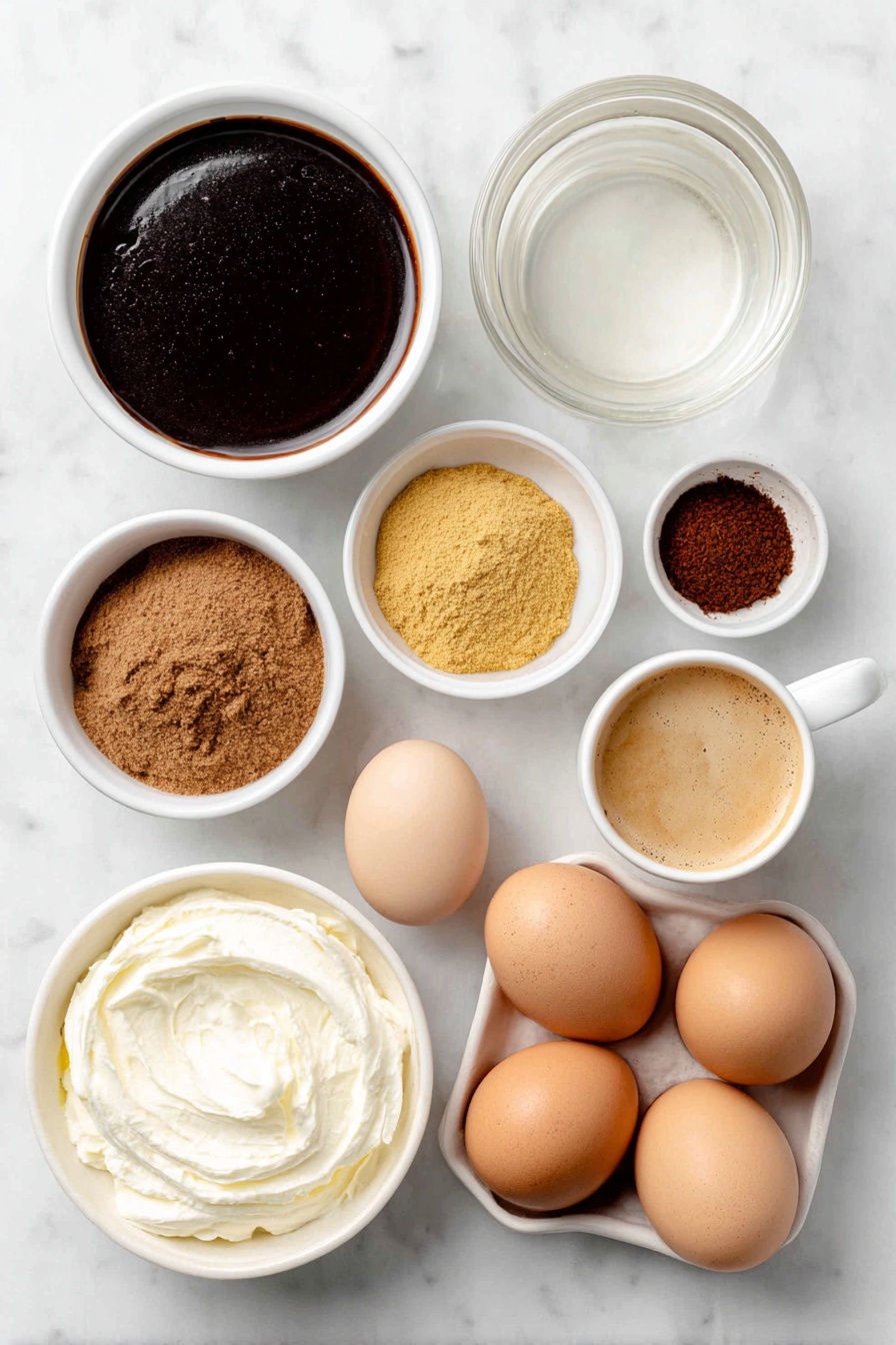Flat lay of half a small white ceramic bowl of thick dark molasses, a small white bowl with clear water, a small white bowl filled with ground golden ginger powder, a small white bowl of warm brown ground cinnamon, a small white bowl containing fine dark brown ground cloves, a small white bowl with reddish-brown ground nutmeg, a small white bowl of pale golden vanilla extract, a small white ceramic cup filled with rich dark espresso, a small white bowl of creamy whole milk, a small white bowl of thick fresh cream, a few whole uncracked brown eggs arranged symmetrically, placed on a clean white marble surface, soft natural light, photo taken with an iPhone, professional food photography style, fresh ingredients, white ceramic bowls, no bottles, no duplicates, no utensils, no packaging --ar 2:3 --v 7 --p m7354615311229779997 - Gingerbread Latte, Gingerbread Latte flavor, homemade gingerbread latte, holiday coffee drink, festive latte recipe