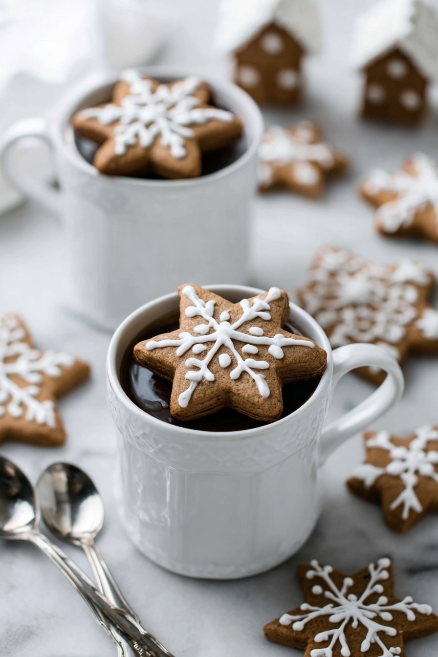 Two white mugs filled with a dark drink are shown on a white marbled surface; each mug has a star-shaped gingerbread cookie on top decorated with white icing in a snowflake design. The mugs are close to each other, with one slightly in front and the other behind and blurred. Around the mugs, there are more gingerbread cookies in star and other shapes, some decorated with white icing. Two shiny silver spoons lie on the left side near the mugs. The background is softly blurred with some gingerbread houses visible. photo taken with an iphone --ar 2:3 --v 7 - Gingerbread Latte, Gingerbread Latte flavor, homemade gingerbread latte, holiday coffee drink, festive latte recipe