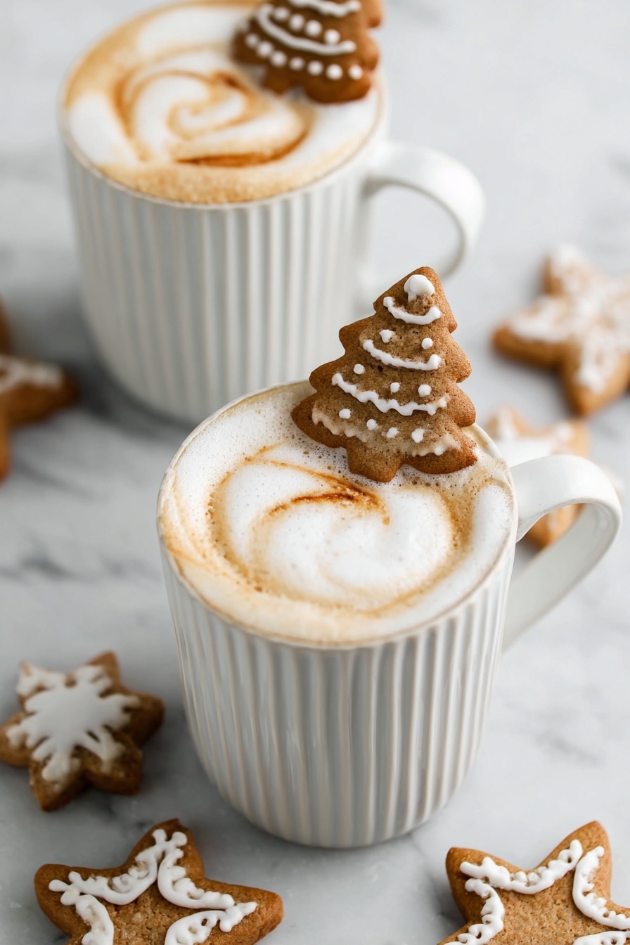 Two white ribbed mugs filled with creamy, foamy cappuccinos sit on a white marbled surface. Each cappuccino has a light brown swirl design on top of the foam. On the rim of each mug, there is a brown gingerbread cookie shaped like a Christmas tree decorated with white icing. Around the mugs on the white marbled surface, there are more gingerbread cookies shaped like stars and trees, all decorated with white icing. The overall look is cozy and festive. photo taken with an iphone --ar 2:3 --v 7 - Gingerbread Latte, Gingerbread Latte flavor, homemade gingerbread latte, holiday coffee drink, festive latte recipe