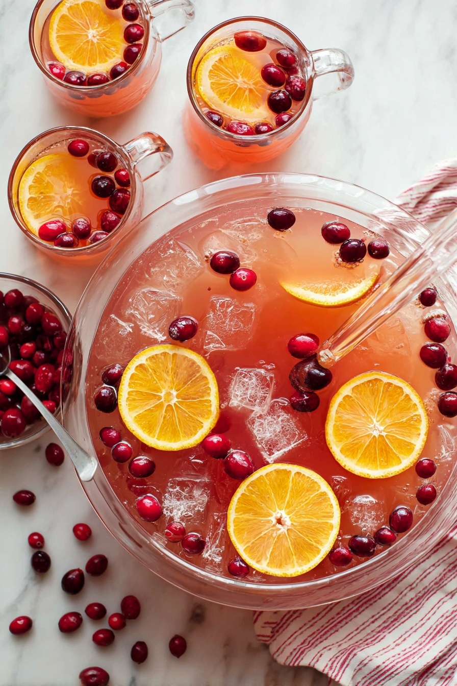 The image shows three small, round glass cups filled with a light orange drink, each topped with floating dark red cranberries and a bright orange slice on the rim. Behind the cups is a large glass bowl filled with the same orange drink and cranberries, slightly blurred. The cups and bowl sit on a white wooden surface with a white marbled texture background. One orange slice is placed next to the closest cup in the foreground. The scene is bright and clean. photo taken with an iphone --ar 2:3 --v 7 - Festive Holiday Cranberry Orange Punch, holiday drink recipes, Christmas party punch, refreshing holiday beverages, easy holiday punch