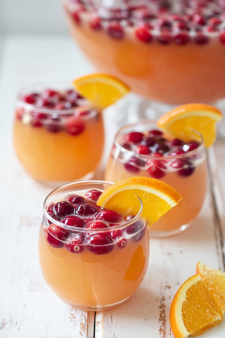 A large clear glass bowl filled with a pinkish-orange punch and ice cubes, floating on top are five bright orange round slices and many small dark red cranberries spread across the surface. A clear stirring spoon rests inside the bowl. Around the bowl, there are three clear glass mugs filled with the same punch, each with floating cranberries and one orange peel slice on the rim. A small clear bowl with more cranberries and half an orange are placed nearby on a white marbled surface with a white cloth striped in red. photo taken with an iphone --ar 2:3 --v 7 - Festive Holiday Cranberry Orange Punch, holiday drink recipes, Christmas party punch, refreshing holiday beverages, easy holiday punch