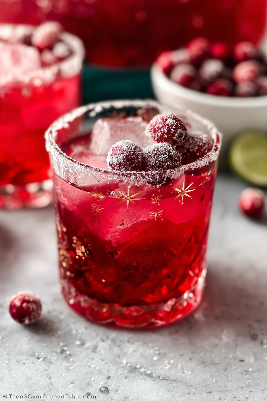 A short glass with a star pattern is filled with a bright red drink, ice cubes, and topped with several sugar-coated cranberries that add a frosty texture on top. The glass rim is lightly dusted with sugar. In the blurred background, another similar glass and a small white bowl of more sugar-coated cranberries can be seen. The scene is set on a white marbled surface. photo taken with an iphone --ar 2:3 --v 7 - Christmas Cranberry Margarita, festive holiday margarita, easy holiday cocktails, cranberry margarita recipe, Christmas party drinks