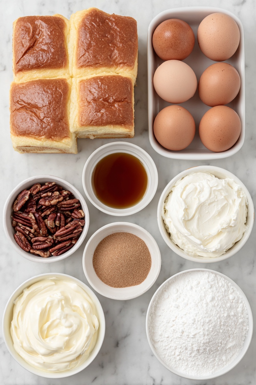 Flat lay of a small pile of golden brioche bread cubes, a handful of roughly chopped toasted pecans, six whole brown eggs with clean shells, a small white ceramic bowl of milk, a small white bowl filled with amber maple syrup, a small white bowl of light brown packed brown sugar, a small white bowl containing ground cinnamon, a tiny white bowl with ground nutmeg, a tiny white bowl with fine salt, a small white bowl of thick cold whipping cream, a small white bowl of white confectioners' sugar, placed on a clean white marble surface, soft natural light, photo taken with an iPhone, professional food photography style, fresh ingredients, white ceramic bowls, no bottles, no duplicates, no utensils, no packaging --ar 2:3 --v 7 --p m7354615311229779997 - Overnight Maple Cinnamon French Toast Bake, Breakfast casserole with maple and cinnamon, Make-ahead French toast bake, Easy holiday breakfast bake, Cozy brunch ideas