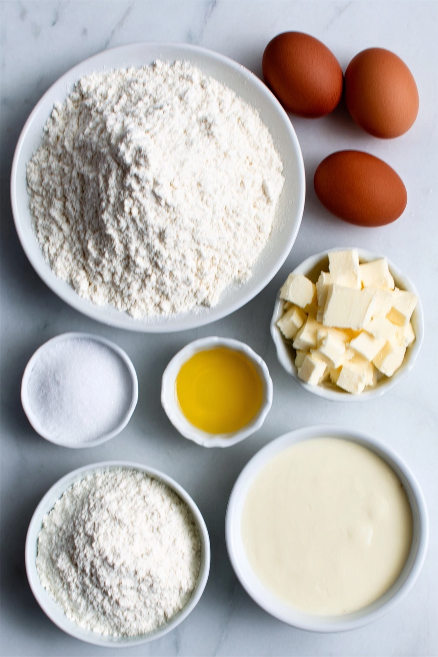 Flat lay of a small mound of all-purpose flour on a simple white ceramic plate, a small white bowl filled with baking powder, a small white bowl with freshly grated nutmeg, a few tablespoons of melted butter pooled in a small white bowl, two whole uncracked brown eggs, a small white bowl containing granulated sugar, and a small white bowl holding creamy eggnog, each ingredient arranged symmetrically with natural textures and colors, placed on a clean white marble surface, soft natural light, photo taken with an iPhone, professional food photography style, fresh ingredients, white ceramic bowls, no bottles, no duplicates, no utensils, no packaging --ar 2:3 --v 7 --p m7354615311229779997 - Eggnog Waffles, festive holiday waffles, easy eggnog waffle recipe, fluffy holiday breakfast waffles, Christmas eggnog waffles