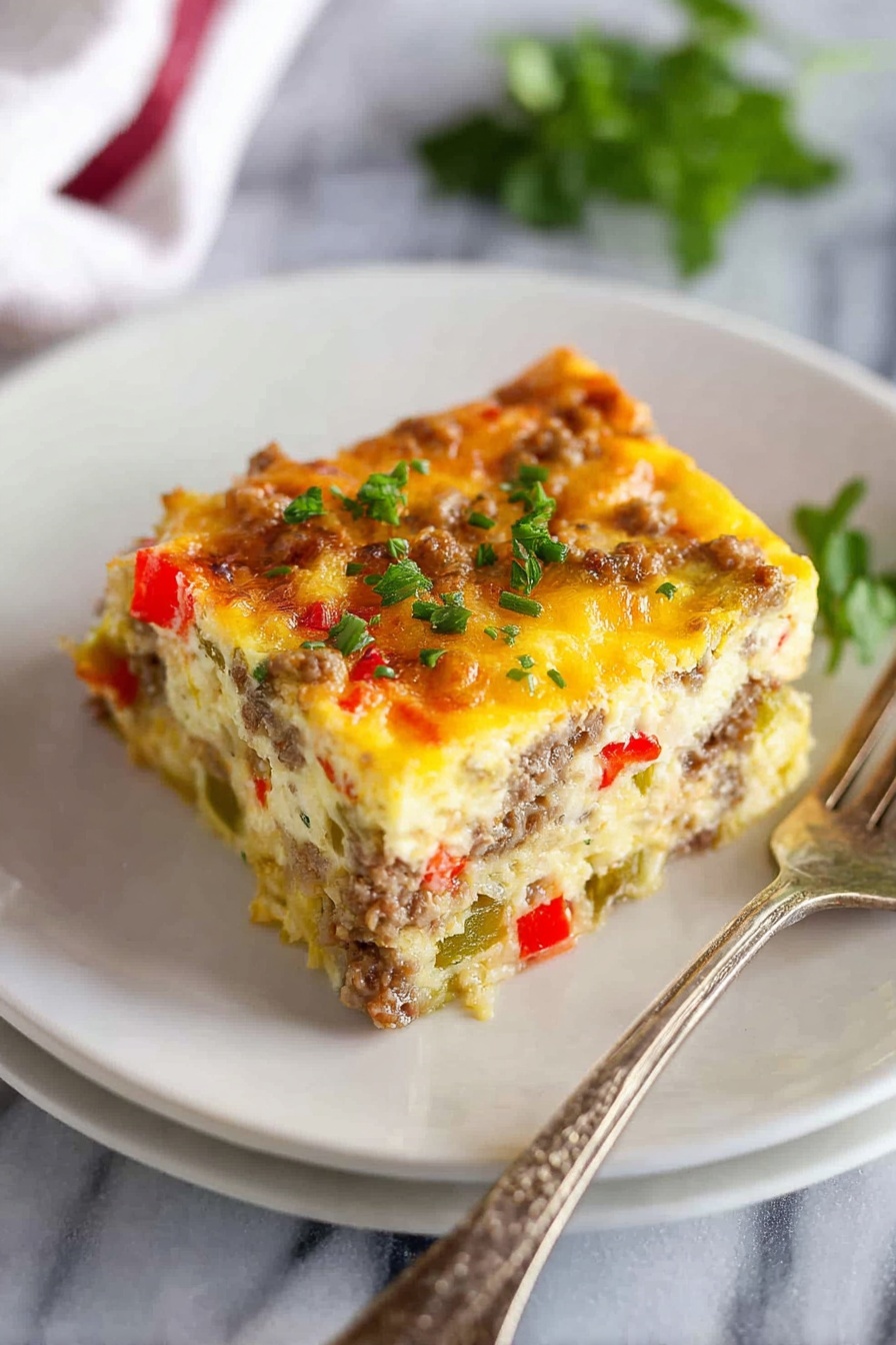 A square piece of layered casserole sits on a white plate with a silver fork next to it. The casserole has three visible layers, each mixed with bits of green and red vegetables, likely peppers, and browned crumbled meat. The top layer is golden brown with sprinkled chopped green herbs. A small green leafy garnish is placed on the plate behind the casserole. The dish is on a white marbled surface. Photo taken with an iphone --ar 2:3 --v 7 - Sausage Breakfast Bake, breakfast casserole with sausage, savory breakfast bake, easy breakfast casserole, meal prep breakfast bake