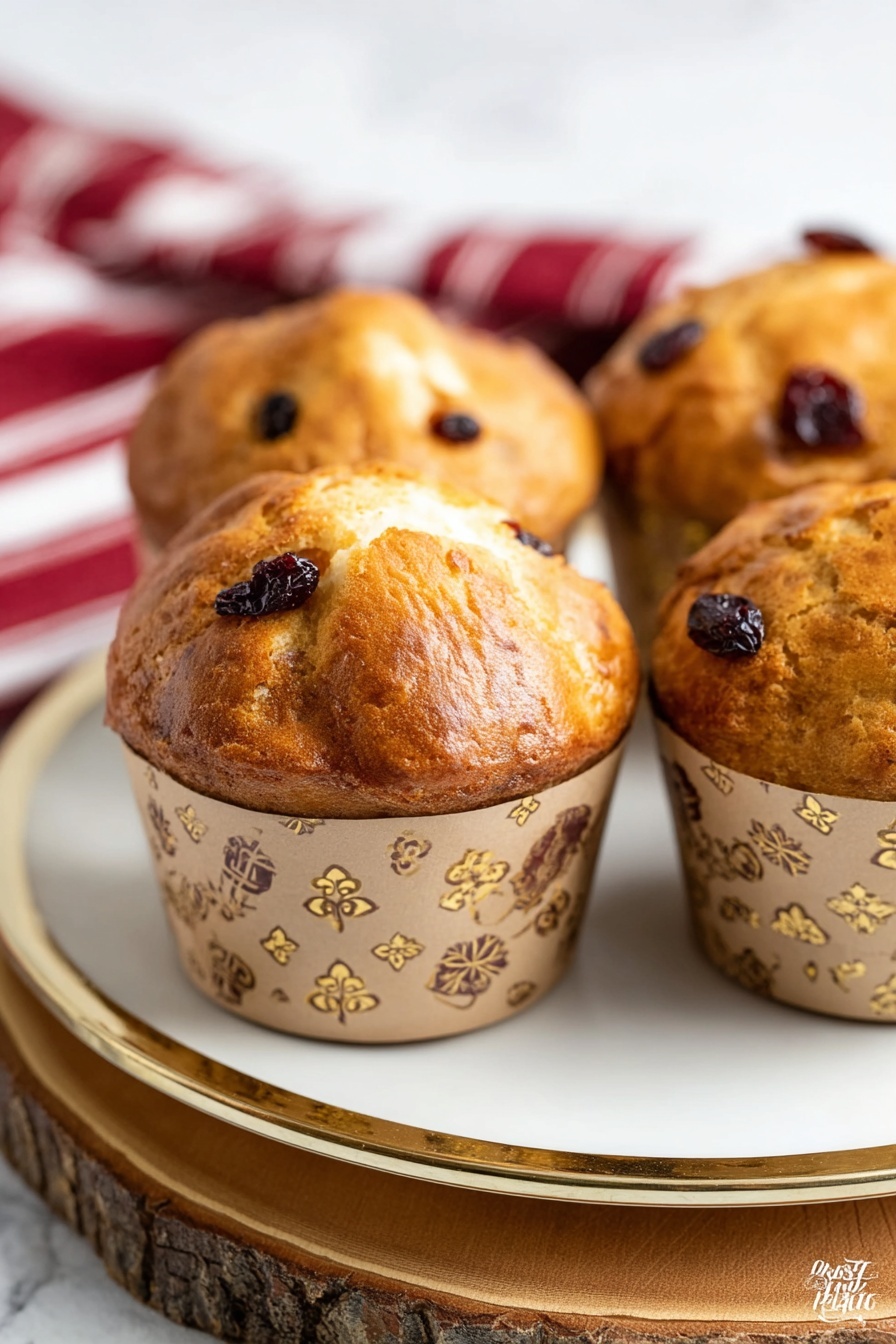 The image shows four golden brown muffins with a shiny, slightly cracked top, each with dark red dried fruit pieces visible on the surface. They are wrapped in light brown paper liners with dark brown script and small gold flower patterns. The muffins sit on a white plate with a thin gold rim, placed on a rustic wooden slice. In the background, there is a red and white striped cloth softly blurred. The overall setting has a clean, bright feel with a white marbled texture under the wooden slice. Photo taken with an iphone --ar 2:3 --v 7 - Easy Italian Panettone, Italian Panettone, Christmas bread, homemade Panettone, festive Italian Christmas bread
