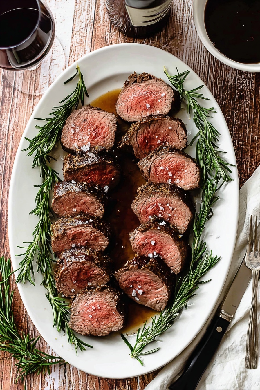 A white oval plate holds about ten slices of medium-rare beef steak, each slice showing a pink center with a dark brown, charred crust, topped with small flakes of salt. Around the beef are several fresh sprigs of green rosemary, placed evenly on all sides of the plate. The plate sits on a wooden table, which is replaced here with a white marbled texture. On the bottom right, there is a black-handled sharp knife and a two-pronged fork resting next to a white cloth napkin. At the top right, a white bowl with dark gravy or sauce is partially visible. Two glasses of dark red wine and the neck of a wine bottle are also present, adding to the rustic setting. Photo taken with an iphone --ar 2:3 --v 7 - Beef Tenderloin with Red Wine Sauce, elegant beef tenderloin recipe, easy red wine sauce for steak, fancy beef main dish, gourmet beef dinner