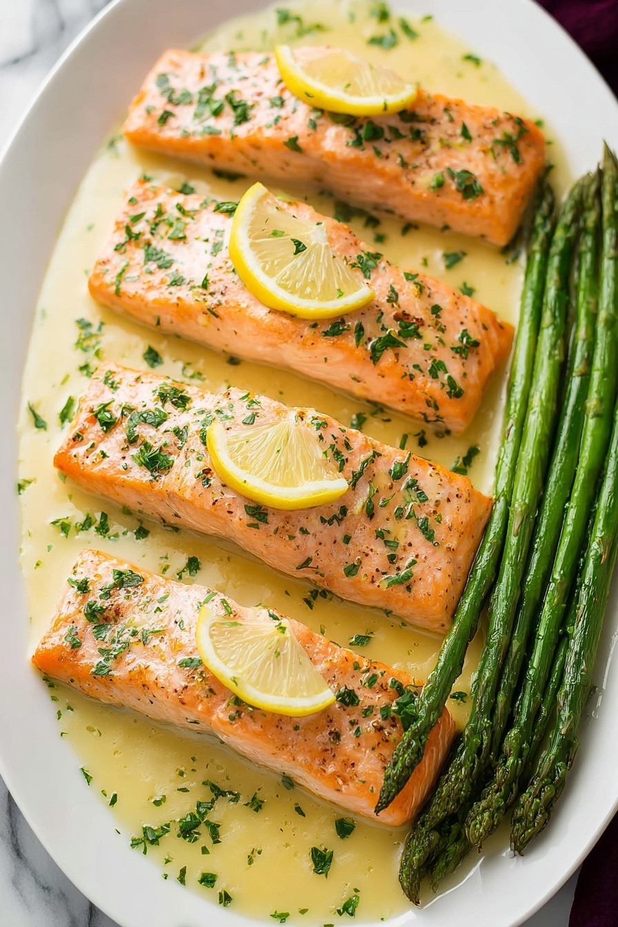 A white oval plate holds four rectangular salmon fillets arranged in two rows, each fillet topped with a small lemon wedge and sprinkled with chopped green herbs. The salmon has a light orange color with a slightly shiny, cooked texture. Surrounding the fillets is a pale yellow sauce that pools around the edges. On the right side of the plate, there is a bundle of bright green asparagus spears laid neatly in a row. The plate is set on a white marbled surface. photo taken with an iphone --ar 2:3 --v 7 - Garlic Lemon Butter Salmon, Salmon dinner ideas, easy salmon recipes, quick seafood dinner, elegant weeknight meals