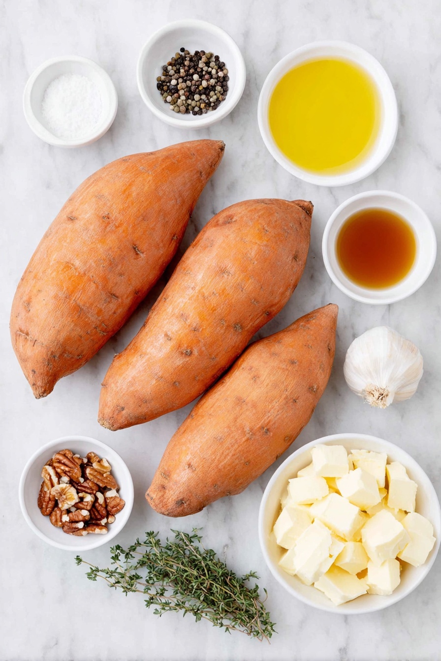 Flat lay of three thick whole sweet potatoes with vibrant orange skin, a small white bowl of melted unsalted butter, a small white bowl of golden olive oil, a small white bowl of coarse kosher salt, a small white bowl of whole black peppercorns, a small white bowl of rich low sodium chicken stock, a single fresh garlic clove, a small white bowl of amber pure maple syrup, a small white bowl of unsalted butter cubes, a small white bowl of roughly chopped pecans, a small white bowl of ground cinnamon, a small pinch of fine salt on the surface, and fresh green thyme sprigs with leaves intact all arranged in perfect symmetry on a clean white marble surface, soft natural light, photo taken with an iPhone, professional food photography style, fresh ingredients, white ceramic bowls, no bottles, no duplicates, no utensils, no packaging --ar 2:3 --v 7 --p m7354615311229779997 - Slow-Roasted Sweet Potatoes with Maple Pecan Sauce, sweet potato side dish, maple pecan sauce recipe, caramelized sweet potatoes, holiday side recipes