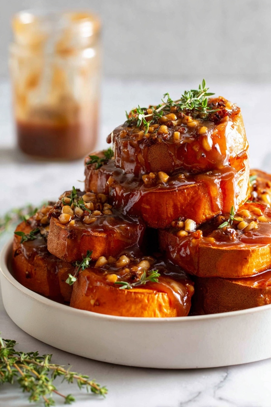 A stack of six round, thick slices of cooked sweet potato with a shiny, dark caramelized surface is arranged on a white marbled background. Each slice is topped with small chunks of walnuts and garnished with tiny green herb leaves. A woman's hand pours a thick, glossy, amber-colored sauce over the top slice, dripping down the sides and glistening beautifully on the nuts and sweet potato. The sauce catches the light, adding a rich, sticky texture to the scene. Photo taken with an iphone --ar 2:3 --v 7 - Slow-Roasted Sweet Potatoes with Maple Pecan Sauce, sweet potato side dish, maple pecan sauce recipe, caramelized sweet potatoes, holiday side recipes