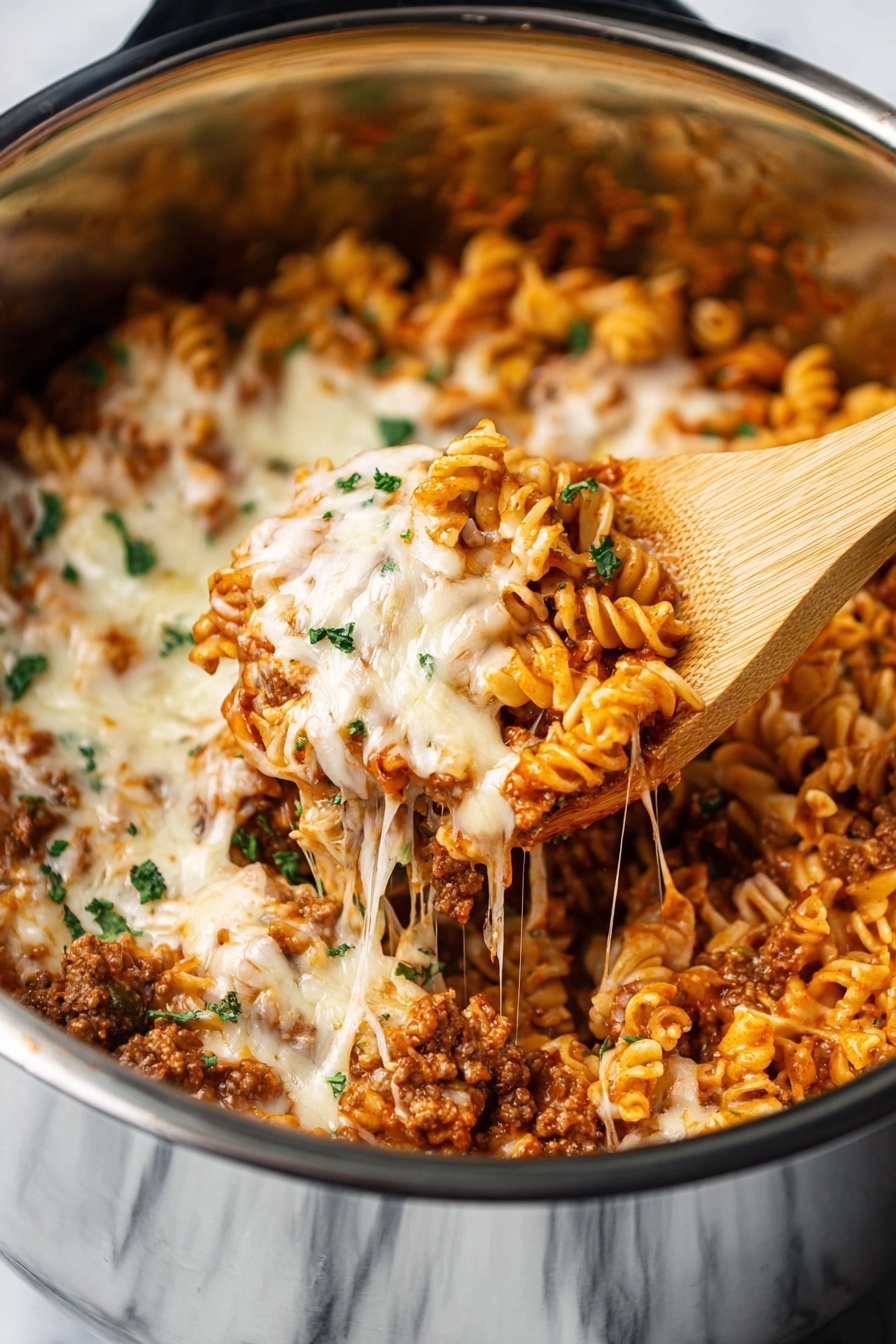 A close-up view of a cooked pasta dish inside a silver pot with a glossy metal surface. The pasta has curly edges and is mixed with ground meat and tomato sauce, creating a rich orange-red and brown base layer. On top, there is a thick layer of melted white and pale yellow cheese, stretched and gooey, sprinkled with small green parsley pieces. A wooden spoon is lifting some pasta and cheese from the pot, showing a mix of textures and colors in one scoop. The background is a white marbled texture photo taken with an iphone --ar 2:3 --v 7 - Instant Pot Lasagna, easy Instant Pot lasagna, quick lasagna recipe, hearty Instant Pot dinner, one-pot lasagna