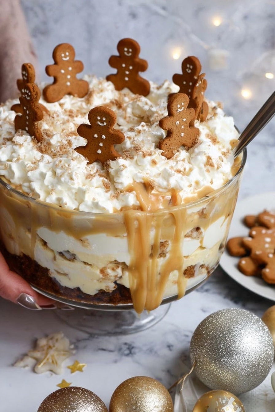 The image shows a large clear glass bowl filled with a layered dessert placed on a white marbled surface. The bottom layer is dark brown, likely a crumb or cake base, topped by a thick layer of creamy caramel-colored sauce with white creamy layers mixed in. The top layer is fluffy white whipped cream, decorated with small gingerbread man cookies standing upright around the edges, and tiny star-shaped brown sprinkles scattered on top. A silver spoon is stuck into the dessert, showing some of the creamy caramel mixture smeared along the inside of the bowl. Nearby on the surface are more gingerbread cookies and shiny silver and gold Christmas ornaments, adding a festive touch. A woman's hand holds the edge of the glass bowl. Photo taken with an iphone --ar 2:3 --v 7 - Gingerbread Trifle, Gingerbread Trifle Recipe, Holiday Trifle Dessert, Festive Gingerbread Layered Dessert, Easy Christmas Trifle