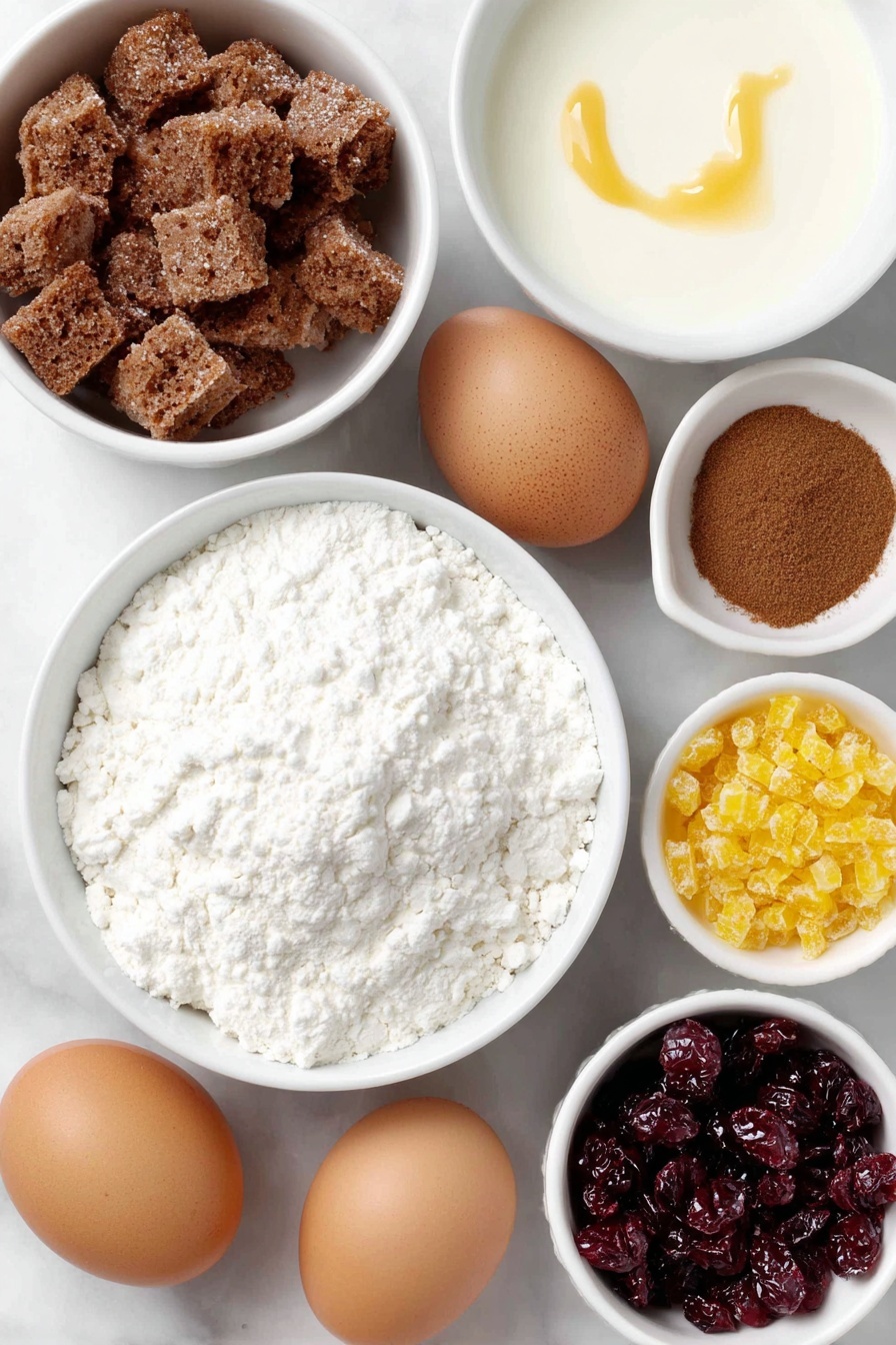 Flat lay of roughly one cup of dried bread cubes, a small white bowl of condensed milk, a small white bowl of milk, three whole uncracked brown eggs, a small white bowl with ground cinnamon powder, a small white bowl of mini toffee bits, a small white bowl of dried cranberries, a small white bowl holding grated orange peel, a small white bowl filled with caramel sundae sauce, arranged symmetrically on a clean white marble surface, soft natural light, photo taken with an iPhone, professional food photography style, fresh ingredients, white ceramic bowls, no bottles, no duplicates, no utensils, no packaging --ar 2:3 --v 7 --p m7354615311229779997 - Cranberry Bread Pudding, holiday dessert recipes, easy bread pudding, festive cranberry dessert, cozy holiday treats