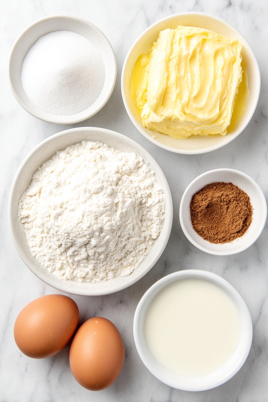 Flat lay of a small white ceramic bowl filled with white granulated sugar, a small white ceramic bowl containing melted margarine with a glossy sheen, a small white ceramic bowl of milk with a creamy texture, a heap of all-purpose flour on the white marble surface, a small white ceramic bowl holding light brown ground cinnamon powder, a small white ceramic bowl of a sugar and cinnamon mixture, and two whole brown eggs with clean shells, all arranged in perfect symmetry and balanced proportions, placed on a clean white marble surface, soft natural light, photo taken with an iPhone, professional food photography style, fresh ingredients, white ceramic bowls, no bottles, no duplicates, no utensils, no packaging --ar 2:3 --v 7 --p m7354615311229779997 - Cinnamon Sugar Mini Donut Muffins, easy donut muffin recipe, quick breakfast muffins, cinnamon sugar baked treats, bite-sized cinnamon muffins