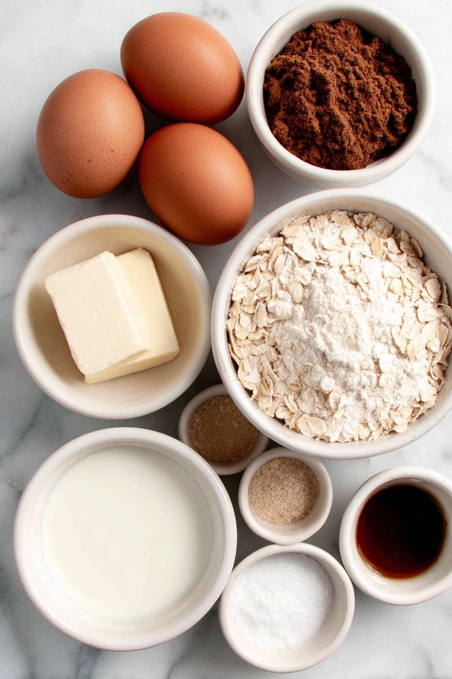 Flat lay of two large brown eggs with clean shells, a small white ceramic bowl of creamy milk, a small white ceramic bowl filled with golden maple syrup, a small white ceramic bowl holding melted butter, a small white ceramic bowl of light brown sugar, a small white ceramic bowl of rolled oats, a small white ceramic bowl of ground cinnamon, a small white ceramic bowl of fine baking powder, a small white ceramic bowl of white salt, a small white ceramic bowl containing clear vanilla extract placed on a clean white marble surface, soft natural light, photo taken with an iPhone, professional food photography style, fresh ingredients, white ceramic bowls, no bottles, no duplicates, no utensils, no packaging --ar 2:3 --v 7 --p m7354615311229779997 - Amish Baked Oatmeal, baked oatmeal recipe, cozy breakfast ideas, healthy breakfast recipes, easy oatmeal bake
