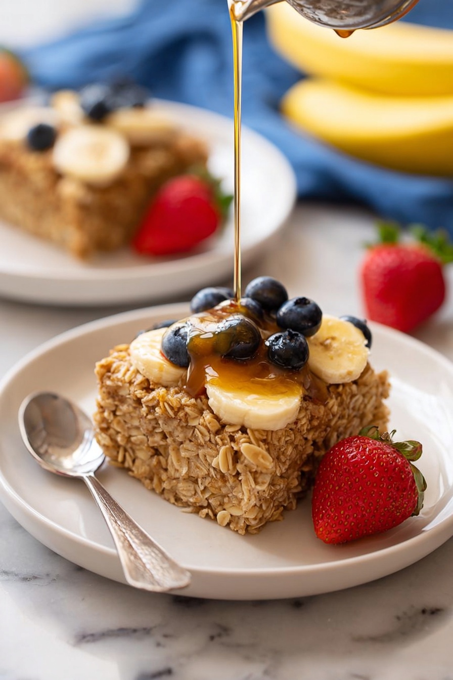 A white plate holds one thick square slice of baked oats, with visible individual oats creating a rough textured top layer in a warm light brown color. On top of the oats, one layer of light yellow banana slices is arranged with a few dark blue blueberries placed among them. A thick golden syrup is being poured over the fruit and oats from above. A bright red strawberry with its green leafy stem sits beside the oats on the plate. A silver spoon rests on the left edge of the plate. In the background, a second plate with the same baked oats topped with blueberries and strawberries is slightly blurred, and a blue napkin and some yellow bananas are faintly visible on a white marbled surface. Photo taken with an iphone --ar 2:3 --v 7 - Amish Baked Oatmeal, baked oatmeal recipe, cozy breakfast ideas, healthy breakfast recipes, easy oatmeal bake