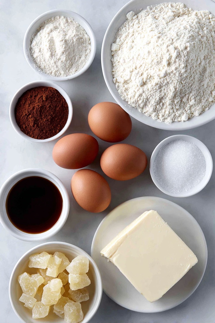 Flat lay of three whole uncracked brown eggs with clean shells, a small mound of all-purpose flour on a simple white ceramic plate, a small white bowl with ground cinnamon powder, a small white bowl with ground cloves, a small white bowl with ground ginger, a small white bowl with kosher salt, a small white bowl with baking soda, a small white bowl holding dark amber molasses, a small white bowl containing melted golden butter, a small white bowl with granulated white sugar, a simple white ceramic plate with a block of soft cream cheese, a small white bowl with unsalted butter, a small white bowl with vanilla extract, a small white bowl of minced crystallized ginger pieces, and a small white plate with fine confectioners’ sugar powder placed neatly in a balanced and symmetrical arrangement on a clean white marble surface, soft natural light, photo taken with an iPhone, professional food photography style, fresh ingredients, white ceramic bowls, no bottles, no duplicates, no utensils, no packaging --ar 2:3 --v 7 --p m7354615311229779997 - Gingerbread Cake Roll with Cream Cheese Filling, holiday gingerbread cake, festive dessert recipes, easy gingerbread roll, spiced holiday cake