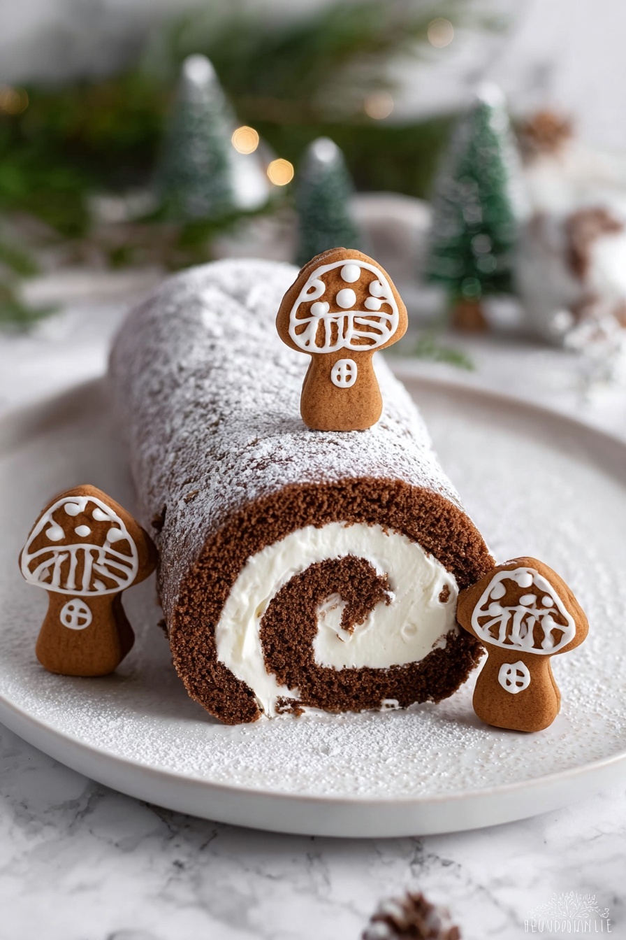 The image shows a rolled chocolate cake log with white cream filling spiraled inside. The cake is dusted with powdered sugar on top. Three small mushroom-shaped gingerbread cookies decorated with white icing are placed around the cake: one standing upright on the top middle of the log and two on the white plate beside it. The plate is white with a slightly textured surface, set on a white marbled background, with some blurred green and white holiday decorations in the background. photo taken with an iphone --ar 2:3 --v 7 - Gingerbread Cake Roll with Cream Cheese Filling, holiday gingerbread cake, festive dessert recipes, easy gingerbread roll, spiced holiday cake
