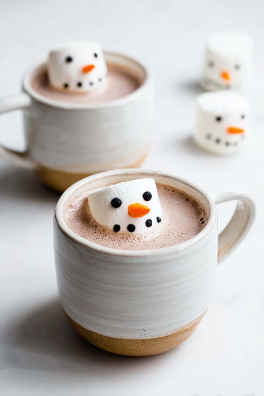 There are two white cups with a light brown bottom part, each filled with light brown hot chocolate. On top of the hot chocolate, a round white marshmallow floats with small black dots for eyes and mouth, and an orange carrot-shaped nose, resembling a snowman face. In the background, on a white marbled surface, there are two more marshmallows with the same snowman face design. The overall scene is bright and clean. photo taken with an iphone --ar 2:3 --v 7 - Mint Marshmallow Snowmen, festive holiday treats, marshmallow snowmen decor, easy holiday snack, minty marshmallow dessert