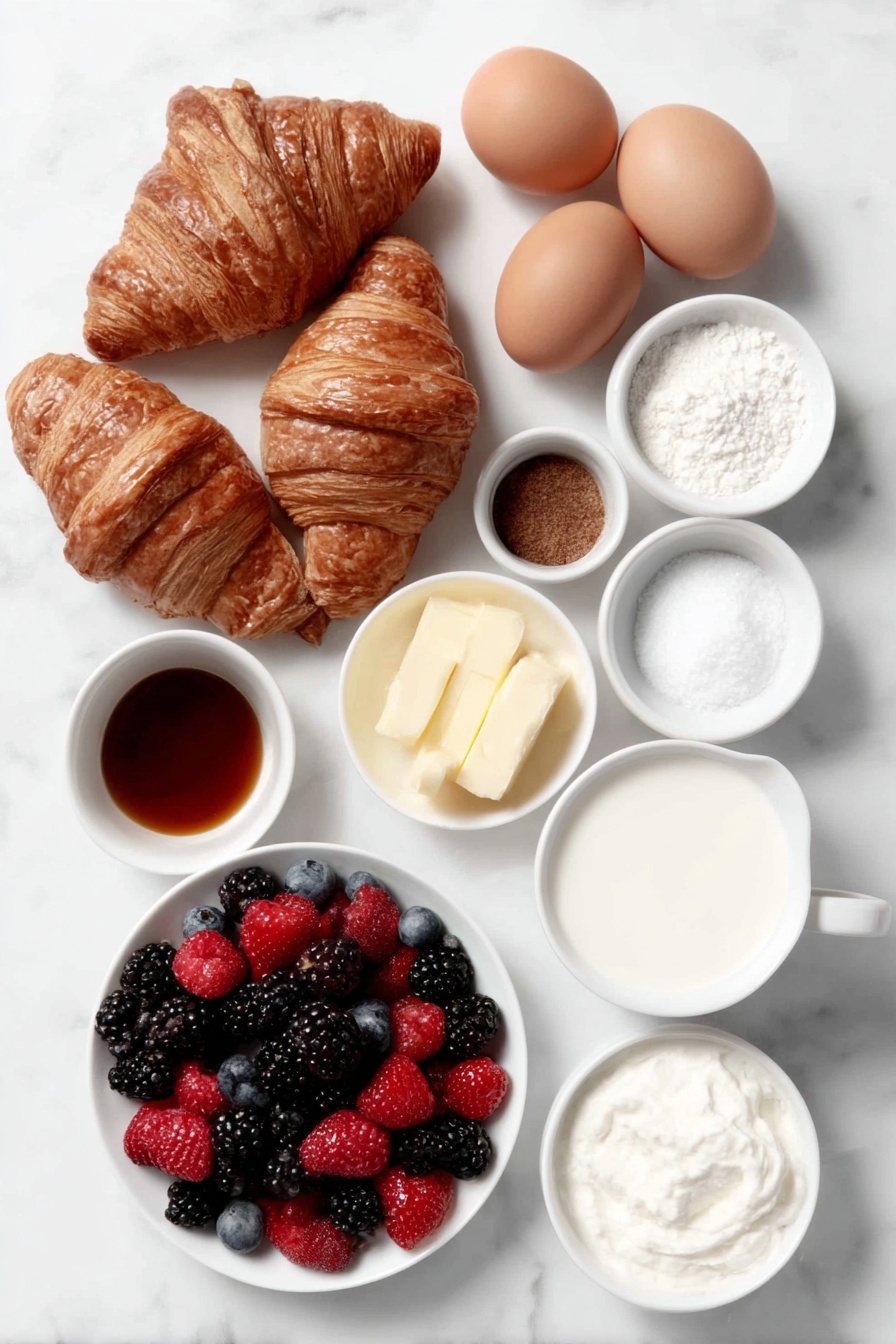 Flat lay of fresh large croissants torn into chunks, five whole brown eggs with clean shells, a small white bowl of whole milk, a small white bowl of heavy cream, a small white bowl with melted butter, a small white bowl filled with granulated sugar, a small white bowl with golden vanilla extract, a small white bowl containing ground cinnamon, a small white bowl with fine sea salt, a white ceramic plate piled with fresh mixed berries including blueberries, strawberries, blackberries, and raspberries, all arranged in perfect symmetry and balanced proportions, placed on a clean white marble surface, soft natural light, photo taken with an iPhone, professional food photography style, fresh ingredients, white ceramic bowls, no bottles, no duplicates, no utensils, no packaging --ar 2:3 --v 7 --p m7354615311229779997 - Blueberry Croissant French Toast Casserole, blueberry breakfast casserole, easy French toast bake, brunch casserole with blueberries, make-ahead morning bake