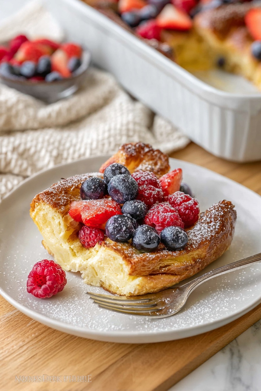 A slice of golden brown baked pastry sits on a white plate, topped with scattered fresh blueberries, halved strawberries, and whole raspberries. The pastry layer is flaky and crisp on the outside, with a soft, custard-like yellow center visible through the broken edge. More mixed berries are placed both on and around the pastry, dusted lightly with powdered sugar. The plate rests on a light wooden surface next to a silver fork with a single raspberry beside it. In the background, a white baking dish filled with more of the same pastry and berries sits on a beige and white textured cloth on a white marbled surface. Photo taken with an iphone --ar 2:3 --v 7 - Blueberry Croissant French Toast Casserole, blueberry breakfast casserole, easy French toast bake, brunch casserole with blueberries, make-ahead morning bake
