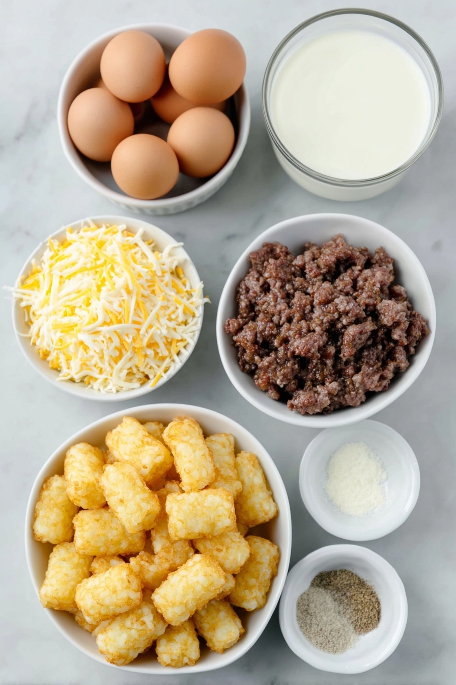 Flat lay of cooked and crumbled breakfast sausage with browned edges, a pile of crispy golden frozen tater tots, a small white ceramic bowl filled with shredded Mexican blend cheese, eight whole brown eggs with clean shells arranged neatly, a small white bowl of creamy milk, and three small white bowls containing kosher salt crystals, freshly ground black pepper, and a fine garlic powder mixed with onion powder, all placed symmetrically on a clean white marble surface, soft natural light, photo taken with an iPhone, professional food photography style, fresh ingredients, white ceramic bowls, no bottles, no duplicates, no utensils, no packaging --ar 2:3 --v 7 --p m7354615311229779997 - Cheesy Tater Tot Breakfast Casserole, savory breakfast casserole, tater tot baked dish, easy brunch ideas, hearty breakfast recipe