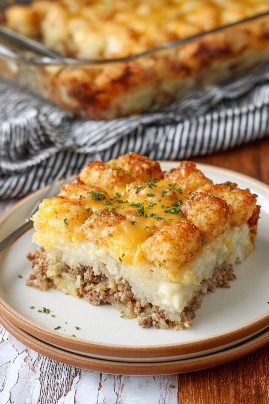 A square piece of casserole with three clear layers sits on a white plate with a light brown rim, placed on a wooden surface over a white marbled texture. The bottom layer is crumbly and light brown, likely ground meat. The middle layer is thick and pale, looking soft and creamy like mashed potatoes. The top layer is golden brown and crispy, made of melted cheese and small tater tots, sprinkled lightly with green herbs. In the background, a glass baking dish with more casserole sits on a striped black and white cloth. Photo taken with an iphone --ar 2:3 --v 7 - Cheesy Tater Tot Breakfast Casserole, savory breakfast casserole, tater tot baked dish, easy brunch ideas, hearty breakfast recipe