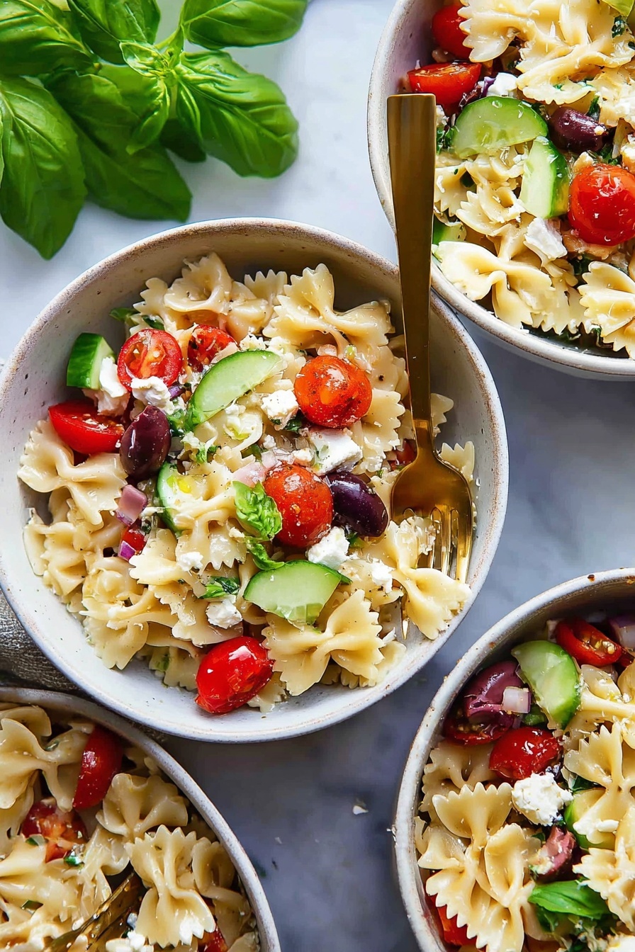 A close-up of three white bowls filled with bowtie pasta salad sitting on a white marbled surface. Each bowl contains light beige bowtie pasta mixed with bright red halved cherry tomatoes, small chunks of white feta cheese, dark purple olives, and slices of green cucumber. Fresh green basil leaves are scattered on top, adding a pop of color and texture. A gold spoon rests inside the middle bowl. In the upper left corner, fresh basil leaves are visible, enhancing the fresh feel of the dish. Photo taken with an iphone --ar 2:3 --v 7 - Easy Pasta Salad with Feta and Basil, Pasta Salad with Feta and Basil, Fresh Feta Pasta Salad, Basil Pasta Salad, Simple Pasta Salad Recipes