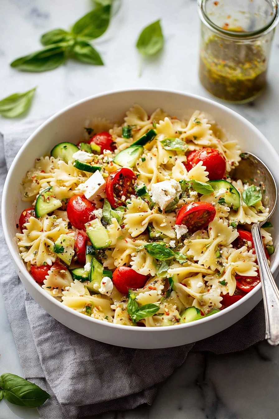 A white bowl filled with farfalle pasta mixed with small red cherry tomato halves, thin green cucumber slices, small white cheese cubes, and fresh green basil leaves scattered on top. The pasta and vegetables are lightly coated with a dressing, giving a slight shine. The bowl sits on a light gray cloth on a white marbled surface, with a glass jar of dressing and a spoon inside the bowl visible in the background. Fresh basil leaves are also scattered on the marbled surface around the bowl. Photo taken with an iphone --ar 2:3 --v 7 - Easy Pasta Salad with Feta and Basil, Pasta Salad with Feta and Basil, Fresh Feta Pasta Salad, Basil Pasta Salad, Simple Pasta Salad Recipes