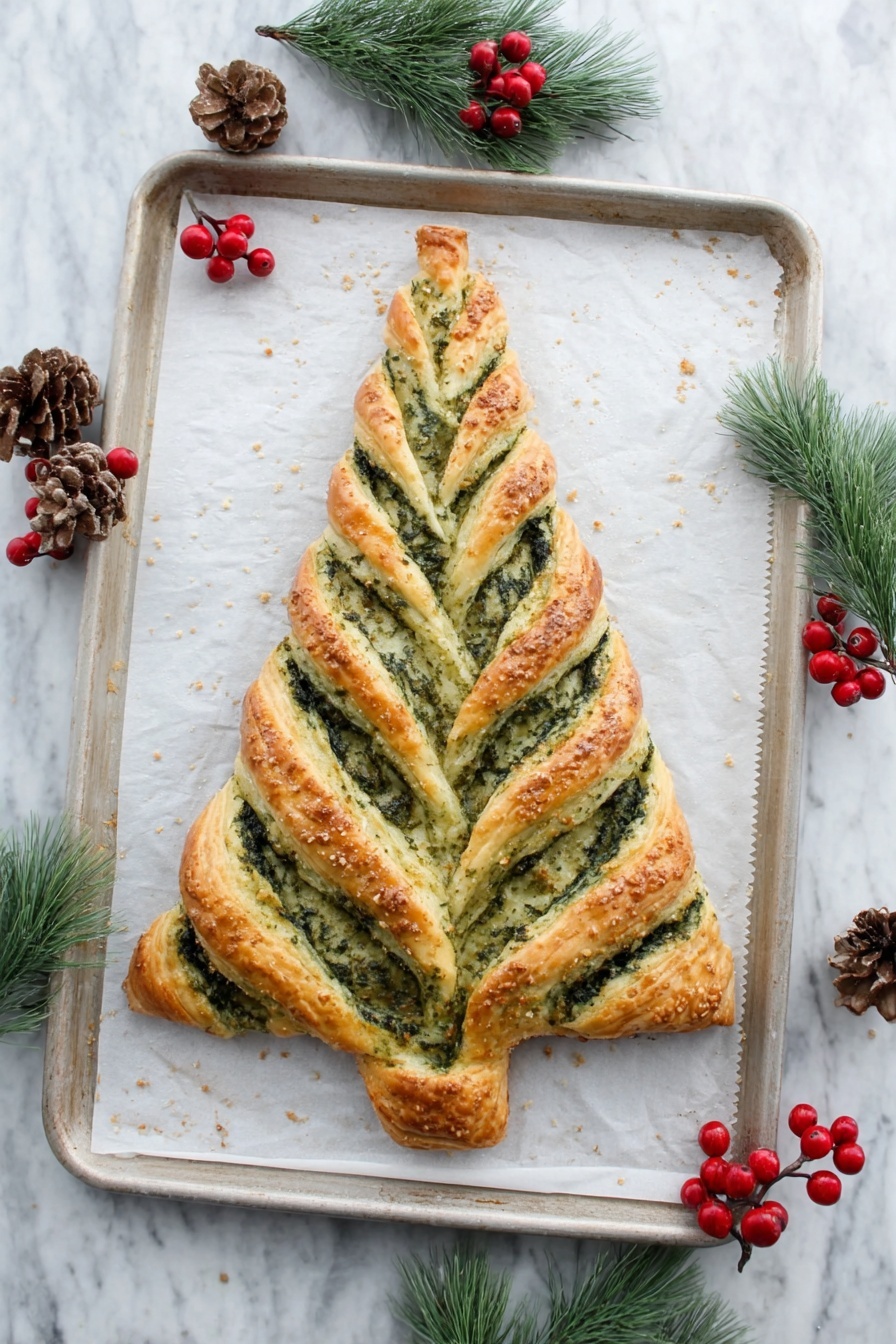 A golden-brown pastry shaped like a Christmas tree rests on a white baking sheet with white parchment paper. The pastry has three layers of twisted green herb filling that create leaf-like patterns on both sides, leaving a plain center strip. Near the top, the pastry tapers into a pointed tip, completing the tree shape. Around the tray are small green pine branches, red berries, and pine cones for decoration, all placed on a white marbled surface. Photo taken with an iphone --ar 2:3 --v 7 - Christmas Tree Spinach Dip Breadsticks, festive spinach dip breadsticks, holiday appetizer ideas, cheesy holiday breadsticks, Christmas party snacks