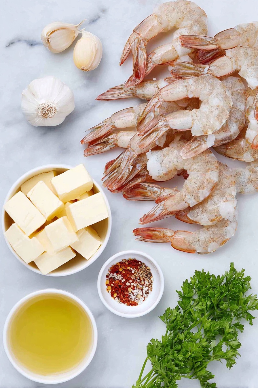 Flat lay of a cluster of large raw shrimp with shells off and tails on, six whole garlic cloves, a small white ceramic bowl of pale yellow butter cubes, a small white ceramic bowl of bright lemon juice, a small white ceramic bowl of white wine, a few vibrant green sprigs of fresh parsley, a small white ceramic bowl of red pepper flakes, and small piles of coarse salt and freshly ground black pepper, all arranged with perfect symmetry and balanced proportions, placed on a clean white marble surface, soft natural light, photo taken with an iPhone, professional food photography style, fresh ingredients, white ceramic bowls, no bottles, no duplicates, no utensils, no packaging --ar 2:3 --v 7 --p m7354615311229779997 - Garlic Shrimp Scampi, Shrimp Scampi recipe, Easy seafood dinner, Quick shrimp recipes, Delicious garlic shrimp
