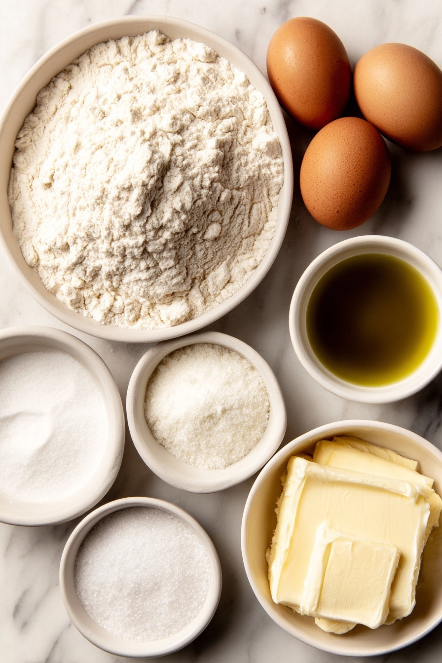 Flat lay of a small mound of fresh all-purpose flour, a heap of fine salt crystals, a pile of white granulated sugar, three whole brown eggs with clean shells, a small white bowl filled with warm water, a small white bowl containing golden olive oil, a small white bowl of baking soda powder, and a small white bowl with melted butter, all arranged symmetrically and naturally on a simple white ceramic plate, placed on a clean white marble surface, soft natural light, photo taken with an iPhone, professional food photography style, fresh ingredients, white ceramic bowls, no bottles, no duplicates, no utensils, no packaging --ar 2:3 --v 7 --p m7354615311229779997 - Homemade Soft Pretzels, soft pretzels recipe, easy pretzels, chewy pretzels, homemade snack ideas