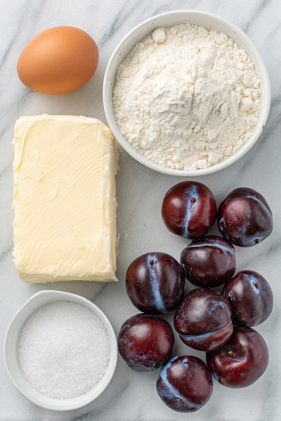 Flat lay of a small slab of unsalted butter with a creamy texture, a few tablespoons of granulated sugar scattered loosely beside it, a single whole large brown egg with a clean shell, a small white ceramic bowl filled with fine all-purpose flour, a small white bowl containing fine salt crystals, and a cluster of ripe, fresh plums showing deep purple and red hues, some whole and some halved to reveal juicy interiors, all arranged symmetrically in balanced proportions, placed on a clean white marble surface, soft natural light, photo taken with an iPhone, professional food photography style, fresh ingredients, white ceramic bowls, no bottles, no duplicates, no utensils, no packaging --ar 2:3 --v 7 --p m7354615311229779997 - German Plum Tart, German Plum Tart Recipe, Fruit Tart with Plums, Summer Fruit Tart, Easy German Tart
