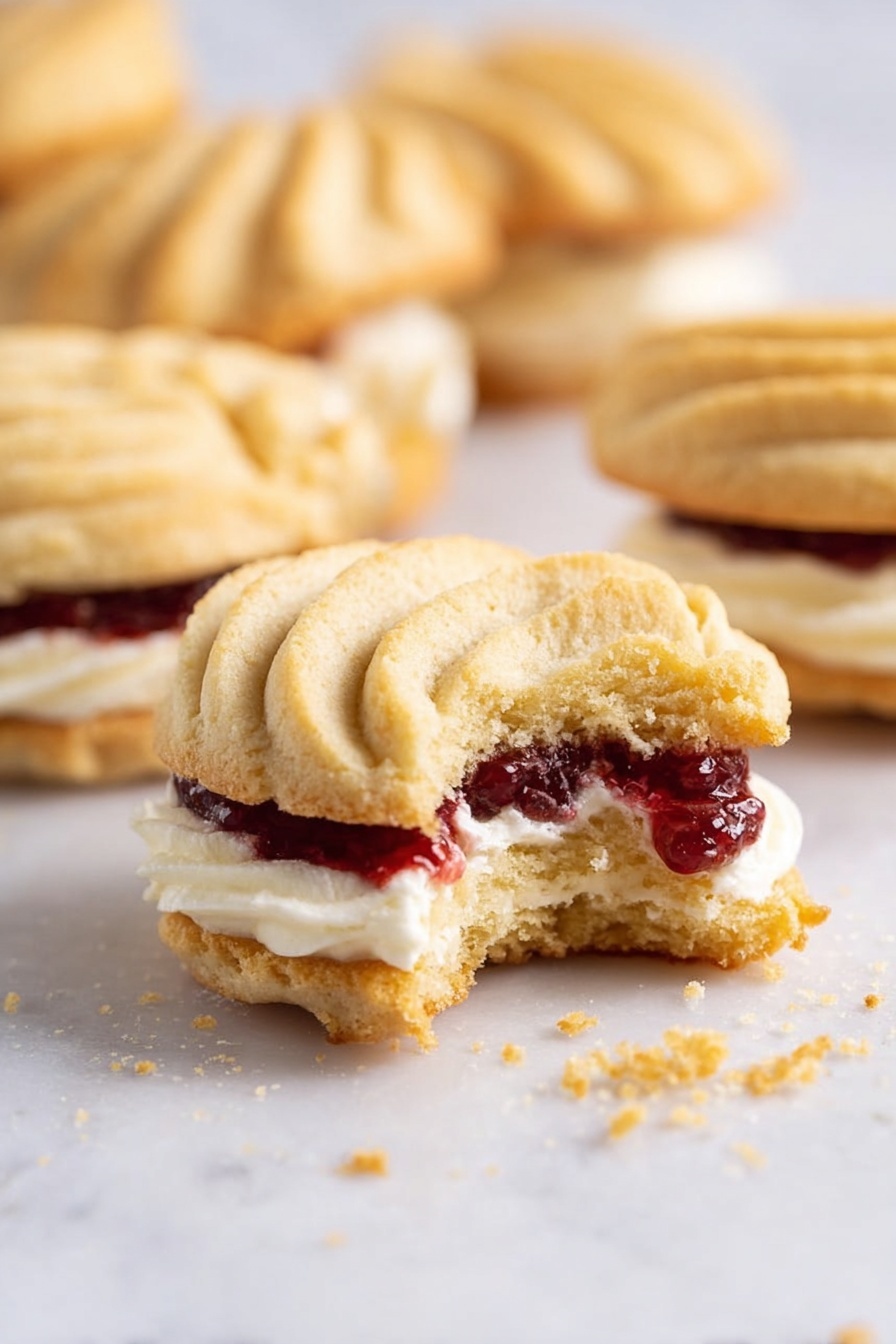 The image shows a close-up of a cream-filled cookie with three layers: a soft golden beige top cookie with swirled ridges, a middle layer of thick white cream, and a bottom layer of dark red jam sitting on another golden beige cookie base. The cookie in focus has a bite taken out, revealing a crumbly texture. In the blurred background, there are more of these cookies stacked casually. All cookies are placed on a white marbled surface with some crumbs scattered around. Photo taken with an iphone --ar 2:3 --v 7 - Delicious Viennese Whirls Cookies, Viennese Whirls recipe, buttery cookies, British cookies, jam and vanilla buttercream cookies