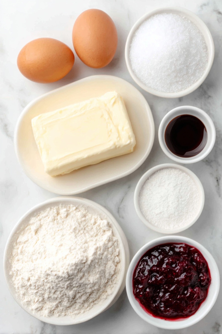 Flat lay of a soft block of unsalted butter, a small white bowl filled with granulated sugar, two large whole brown eggs with clean shells, a small white bowl holding clear vanilla extract, a small white bowl with almond extract, a neat mound of all purpose flour on a simple white ceramic plate, a small white bowl filled with vibrant red raspberry jam, and a small white bowl containing fine powdered sugar, all arranged symmetrically on a clean white marble surface, soft natural light, photo taken with an iPhone, professional food photography style, fresh ingredients, white ceramic bowls, no bottles, no duplicates, no utensils, no packaging --ar 2:3 --v 7 --p m7354615311229779997 - Easy Raspberry Jam Linzer Cookies, raspberry jam cookies, Linzer cookies recipe, soft jam sandwich cookies, holiday cookie ideas