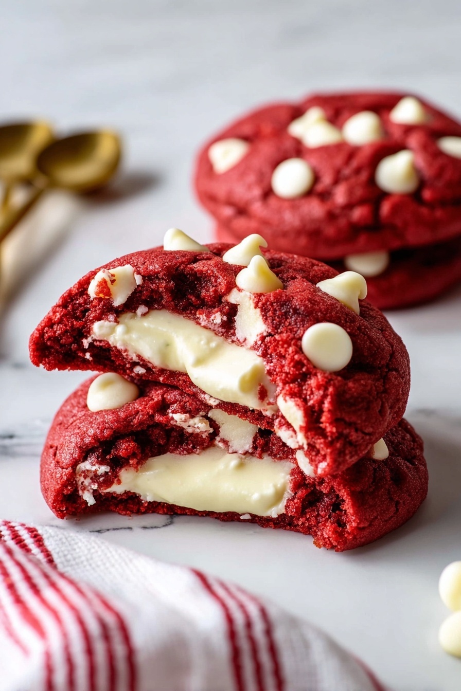 Three red velvet cookies are shown placed on a white marbled surface. Two whole cookies are in the background, each studded with small white chocolate chips on top. In the front, one cookie is split in half, revealing a thick, creamy white layer of filling inside. The red cookie dough appears soft and slightly textured, contrasting with the smooth filling. A piece of red and white striped cloth is partially visible at the bottom left corner, and a few gold measuring spoons rest blurred in the background. photo taken with an iphone --ar 2:3 --v 7 - Cheesecake Filled Red Velvet Cookies, red velvet cookies with cheesecake filling, cheesecake stuffed cookies recipe, red velvet cookie dessert, creamy cheesecake cookies