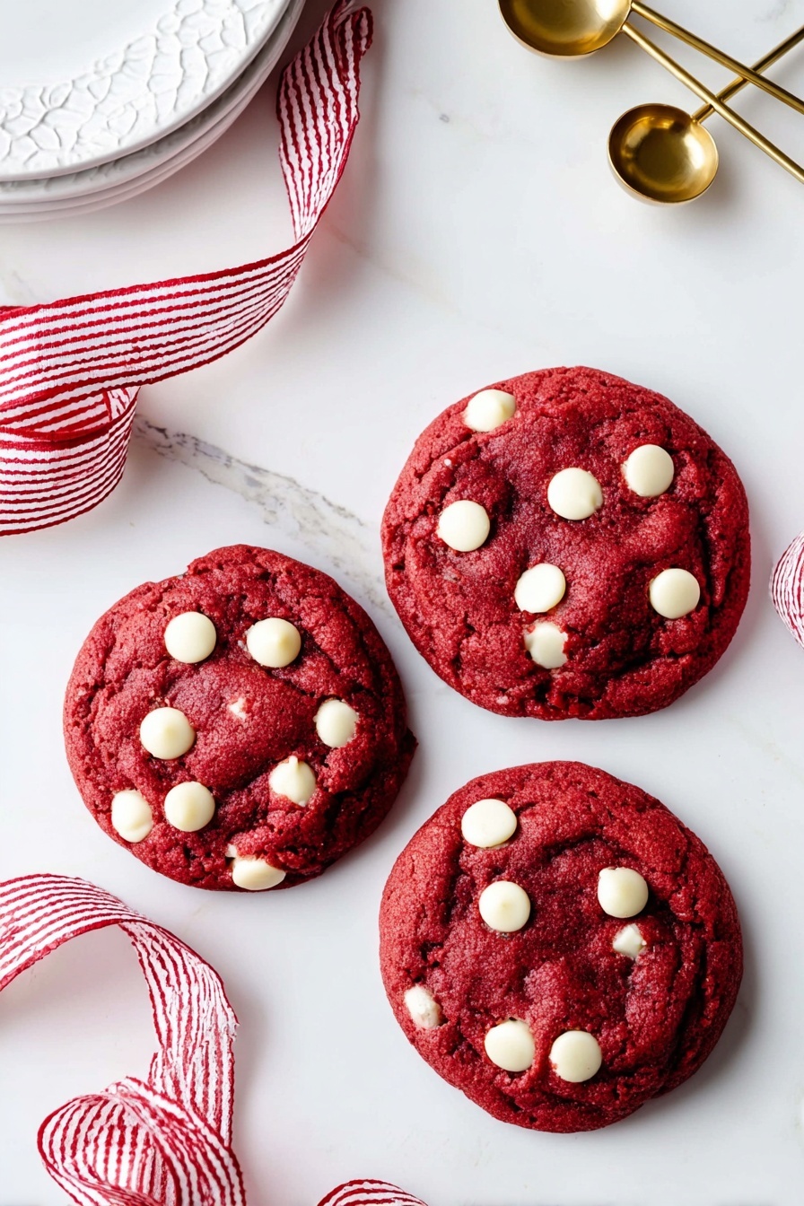 Three round red cookies with a soft, slightly cracked texture sit on a white marbled surface. Each cookie has several white chocolate chips scattered unevenly on top, creating a contrast against the deep red dough. Two red and white striped ribbons flow loosely around the cookies, adding a festive touch to the clean, bright setting. In the top left corner, part of a white plate with a subtle pattern is visible, and in the top right corner, gold and white measuring spoons rest on the surface. photo taken with an iphone --ar 2:3 --v 7 - Cheesecake Filled Red Velvet Cookies, red velvet cookies with cheesecake filling, cheesecake stuffed cookies recipe, red velvet cookie dessert, creamy cheesecake cookies
