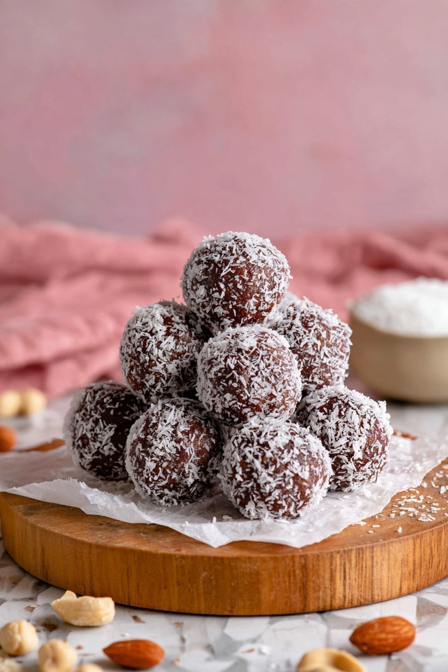 There is a small pyramid of round dark brown balls covered with white shredded coconut, placed on a piece of white paper on top of a wooden round board. The balls have a rough texture from the coconut flakes. Around the board, there are some whole peanuts scattered and a blurred bowl with a white substance in the background, all set against a pink cloth and pink wall with a white marbled surface beneath the board. photo taken with an iphone --ar 2:3 --v 7 - Healthy Date Energy Balls, healthy energy bites, no-bake energy snacks, natural protein snacks, quick healthy treat