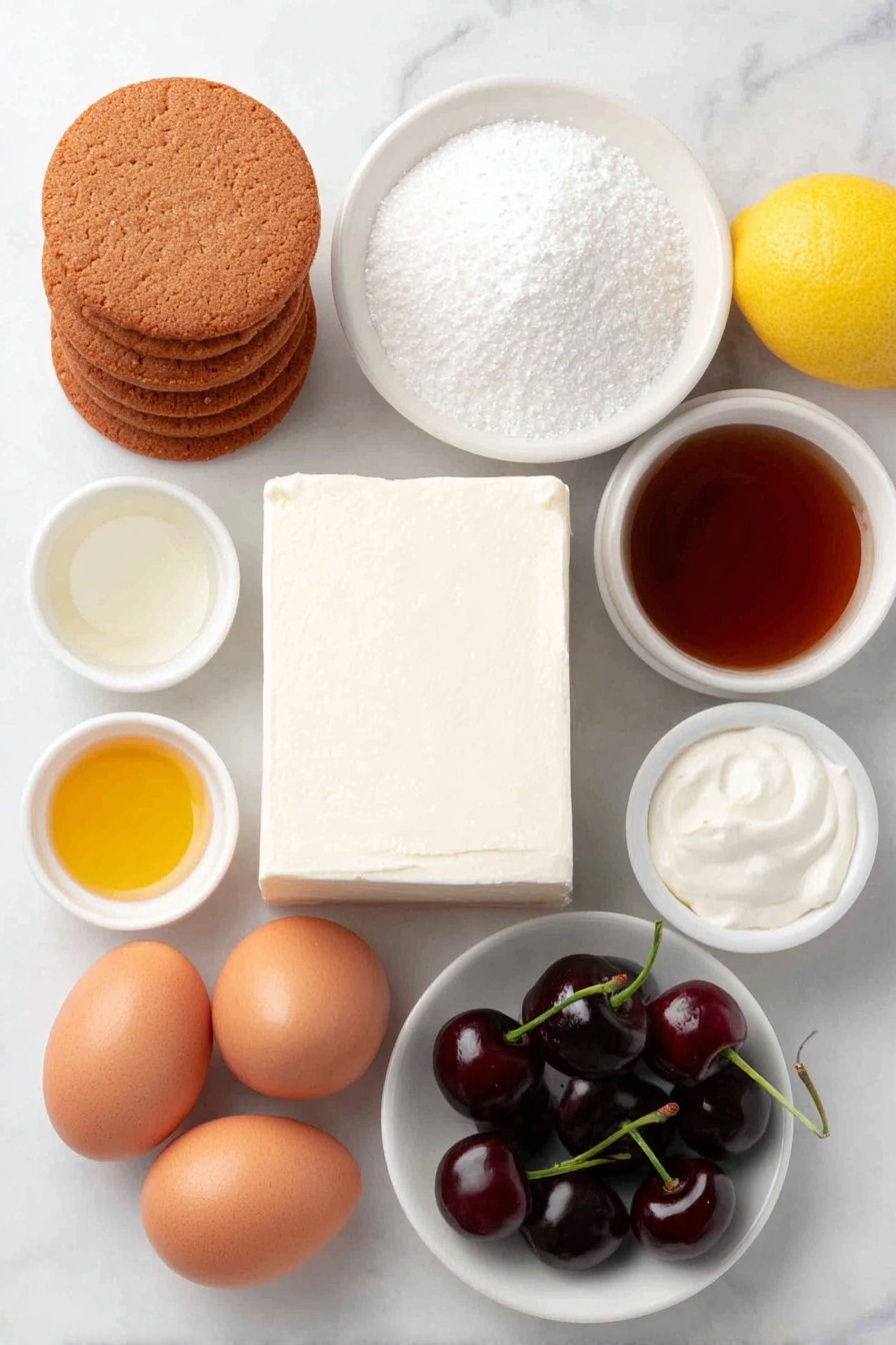 Flat lay of a small stack of round biscoff cookies with a reddish-brown caramel color, a small white ceramic bowl filled with fine white granulated sugar, a small white ceramic bowl holding rich golden melted butter, a smooth block of soft cream cheese on a simple white plate, a small white bowl of thick pale sour cream, a tiny white bowl containing clear vanilla extract, a small white bowl of delicate fine sea salt, three large whole uncracked brown eggs, a small pile of fresh glossy black cherries with stems, a bright yellow whole lemon, and a small white bowl of fine pale cornstarch, placed on a clean white marble surface, soft natural light, photo taken with an iPhone, professional food photography style, fresh ingredients, white ceramic bowls, no bottles, no duplicates, no utensils, no packaging --ar 2:3 --v 7 --p m7354615311229779997 - Cherry Biscoff Cheesecake, Biscoff cheesecake with cherry topping, easy cherry cheesecake recipe, no-bake cherry cheesecake, homemade cherry cheesecake dessert