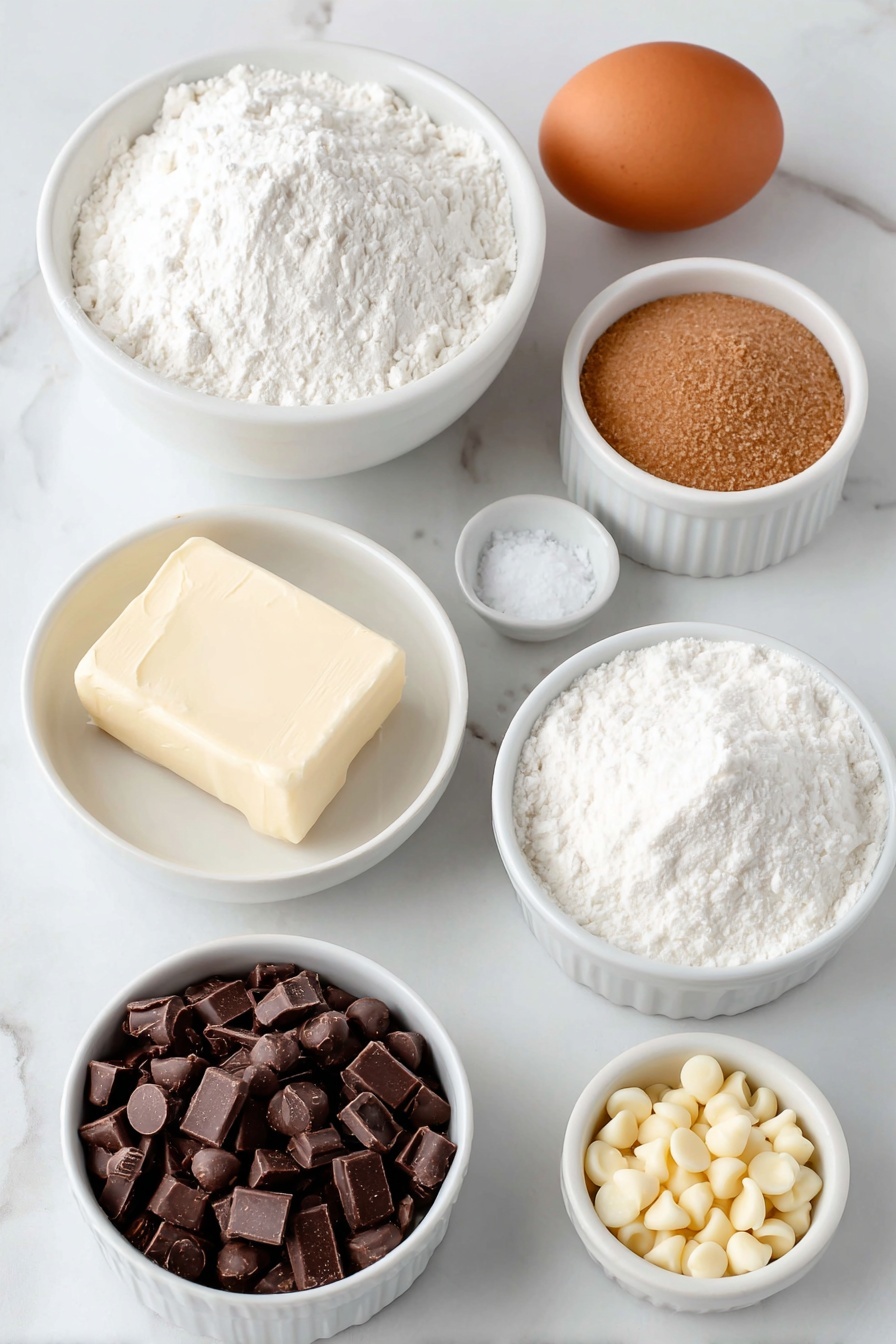 Flat lay of unsalted butter in a small white ceramic bowl, light brown sugar in a separate small white ceramic bowl, one large whole uncracked brown egg, plain white flour in a small white ceramic bowl, cornflour in a small white ceramic bowl, a pinch of sea salt in a small white ceramic bowl, bicarbonate of soda in a small white ceramic bowl, white chocolate chips scattered naturally, chopped macadamia nuts resting in a small neat pile, all arranged symmetrically with balanced spacing, placed on a clean white marble surface, soft natural light, photo taken with an iPhone, professional food photography style, fresh ingredients, white ceramic bowls, no bottles, no duplicates, no utensils, no packaging --ar 2:3 --v 7 --p m7354615311229779997 - White Chocolate Macadamia Cookies, white chocolate chip cookies, macadamia nut cookies, easy cookie recipes, buttery nutty cookies