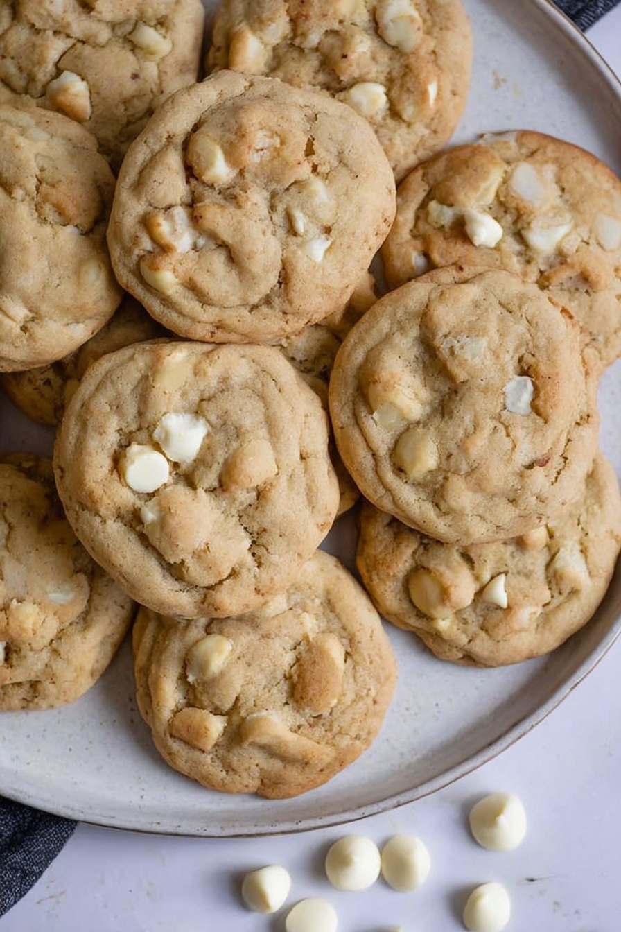 A pile of about ten light brown cookies with white chocolate chips is placed closely together on a round white plate with a subtle marbled texture. The cookies are soft and chunky, showing a mix of uneven cookie dough and white chip spots throughout each cookie. A few loose white chocolate chips are scattered around the front area of the plate on a white marbled surface. The overall look is warm and inviting with a soft texture on the cookies, making them look fresh and tasty. Photo taken with an iphone --ar 2:3 --v 7 - White Chocolate Macadamia Cookies, white chocolate chip cookies, macadamia nut cookies, easy cookie recipes, buttery nutty cookies