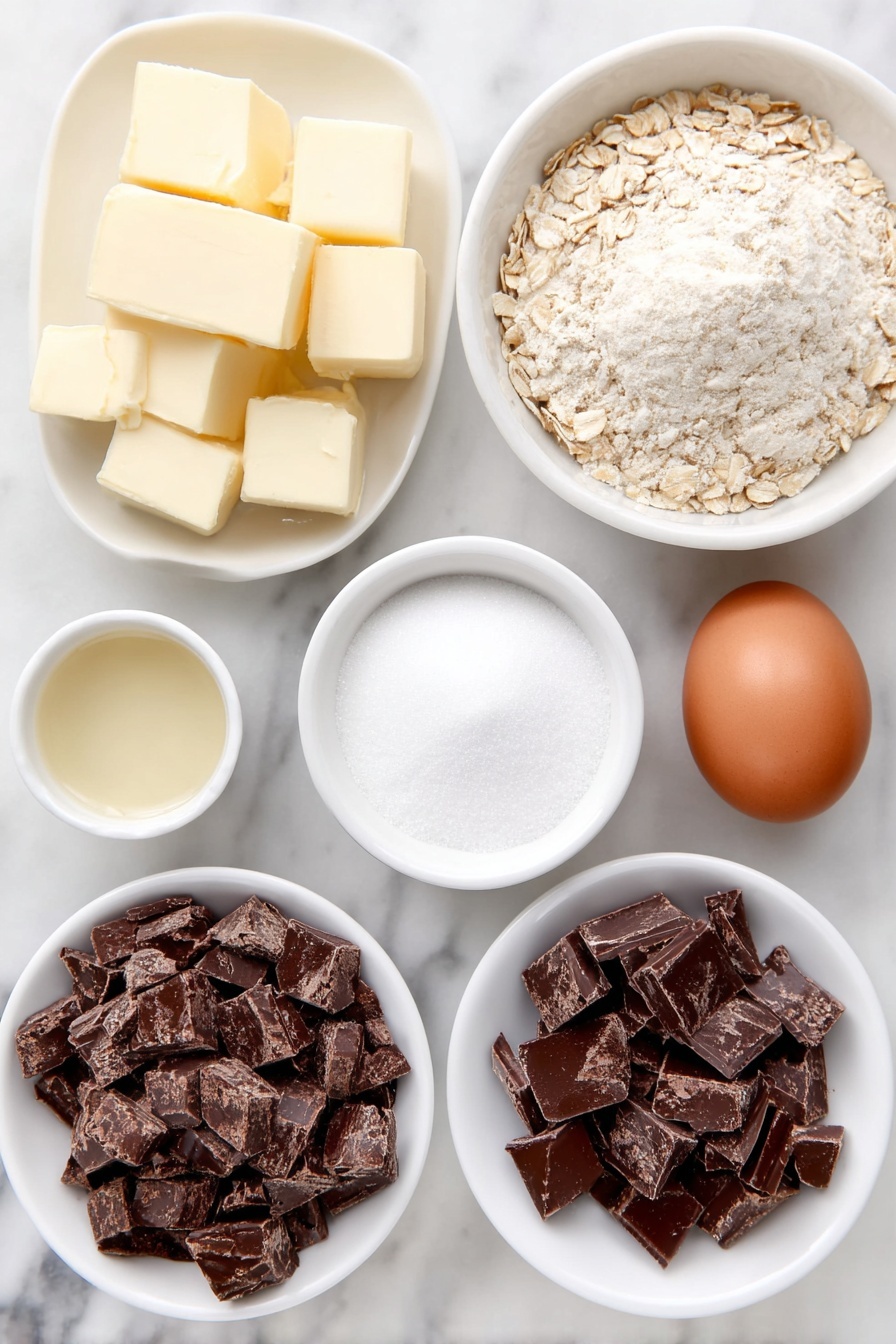 Flat lay of a small pile of unsalted butter cubes with a pale yellow color, a small heap of plain all-purpose flour, a neat mound of rolled oats, a small white ceramic bowl of baking soda powder, a smaller white bowl with kosher salt crystals, a small white bowl filled with tightly packed brown sugar, one large whole uncracked brown-shelled egg, a small white bowl containing clear vanilla extract, and a scattering of roughly chopped dark chocolate chunks—all ingredients fresh and natural, arranged in perfect symmetry on simple white ceramic dishes, placed on a clean white marble surface, soft natural light, photo taken with an iPhone, professional food photography style, fresh ingredients, white ceramic bowls, no bottles, no duplicates, no utensils, no packaging --ar 2:3 --v 7 --p m7354615311229779997 - Brown Butter Oatmeal Chocolate Chip Cookies, oatmeal chocolate chip cookie recipe, easy homemade cookies, chewy oatmeal cookies, brown butter cookie recipe