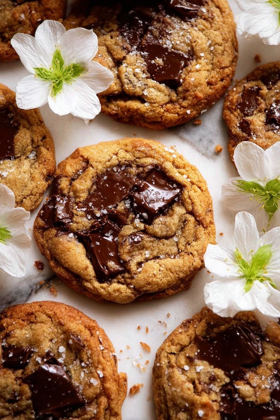 Several golden brown cookies with large, dark chocolate chunks melted into the surface are arranged closely together on a white marbled texture. The cookies have a slightly rough texture with cracks and visible sugar glistening on top. Scattered around and between the cookies are soft white flowers with green centers and petals gently resting on the cookies. The arrangement is warm and cozy with a natural, slightly imperfect look. photo taken with an iphone --ar 2:3 --v 7 - Brown Butter Oatmeal Chocolate Chip Cookies, oatmeal chocolate chip cookie recipe, easy homemade cookies, chewy oatmeal cookies, brown butter cookie recipe
