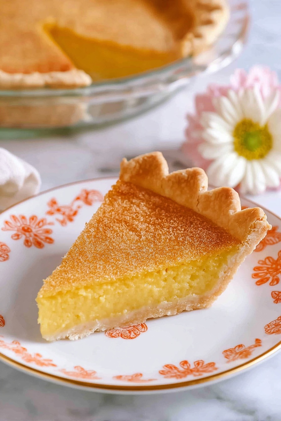 A single slice of pie sits on a white plate decorated with orange floral patterns; the slice has two layers – a thick, smooth, yellow filling on the bottom and a slightly crumbly, golden brown crust on top with a crimped edge. In the background, the rest of the pie is visible in a clear glass pie dish on a white marbled surface, accompanied by a white flower with a yellow center and soft pink petals next to it. The image is bright, with natural light highlighting the texture of the pie crust and filling, photo taken with an iphone --ar 2:3 --v 7 - Classic Chess Pie, Southern Chess Pie, Easy Chess Pie, Traditional Chess Pie, Homemade Chess Pie