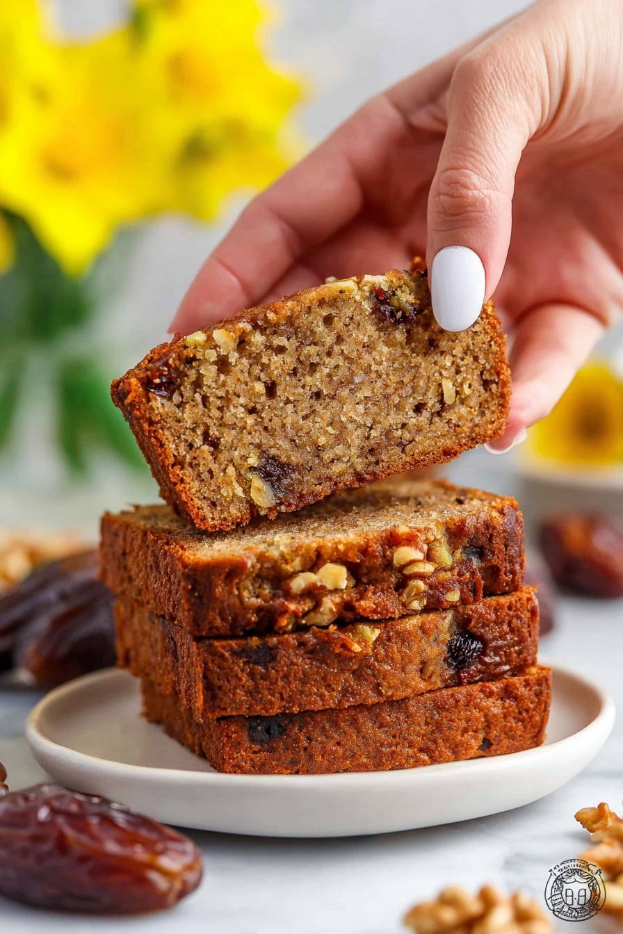 There are three thick slices of brown cake stacked on a white plate, showing a textured inside with bits of nuts and dark fruit pieces throughout. The top slice is being picked up by a woman's hand with light skin and white nail polish. The cake has a slightly crispy edge and a soft, moist middle. Around the plate, there are whole dates and walnut pieces resting on a white marbled surface. In the blurry background, there are bright yellow flowers adding a touch of color. The photo taken with an iphone --ar 2:3 --v 7 - Date Nut Bread, moist date nut bread, homemade date bread, healthy date nut loaf, easy date bread recipe